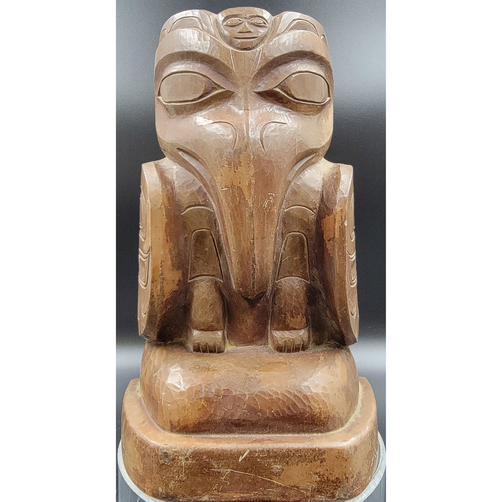 Amos Wallace Tlingit Carver Alaskan Stone Sculpture: Signed, and dated stone sculpture by famed Alaskan Tlingit carver, Amos Wallace. Measure 9.5" Tall. Private Individual Mo. Please carefully read our terms of sale, shipping information, and request an