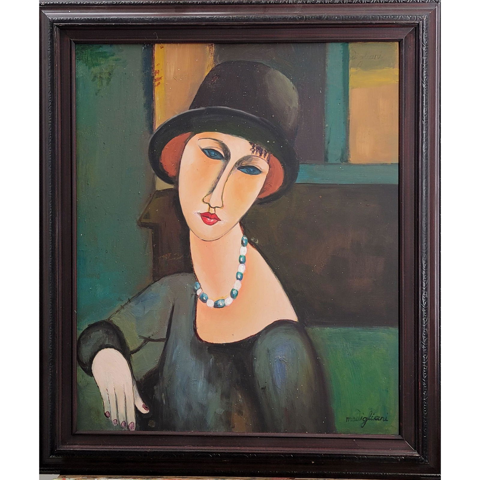 Amedeo Modigliani Oil On Canvas Painting Of A Lady.: Amedeo Modigliani In The Style And Manner Of, Oil On Canvas Painting Of A Lady. Frame Measure 29" x 25", Sight 23.5" x 19.5"..From a south Florida Estate Please carefully read our terms of sale, shipp