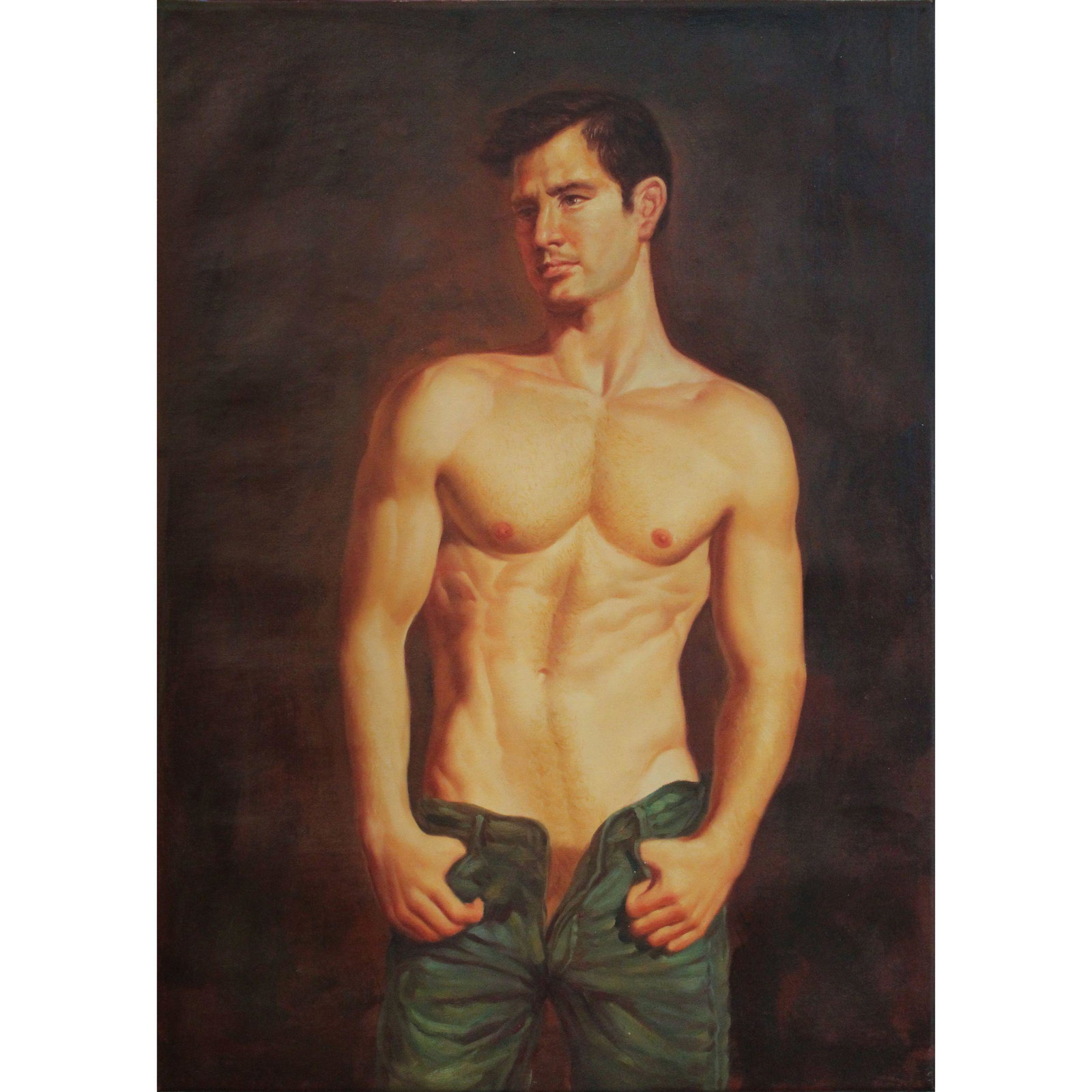 O/C Academic Style Male Partially Nude Man in Jeans: Academic Style Male Partially Nude Man in Jeans, Oil On Canvas Painting, Unsigned. Measure 20" X 28". Academic art, or academicism or academism, is a style of painting, sculpture, and architecture pro