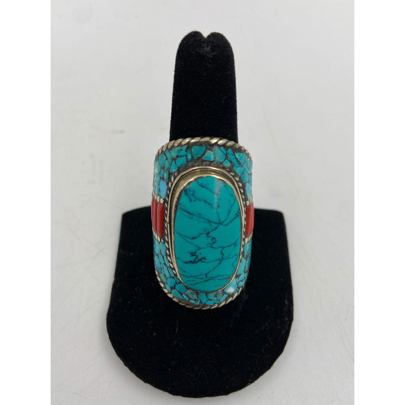 Lg Vintage Sterling Silver, Turquoise & Coral Ring (1 of 5)