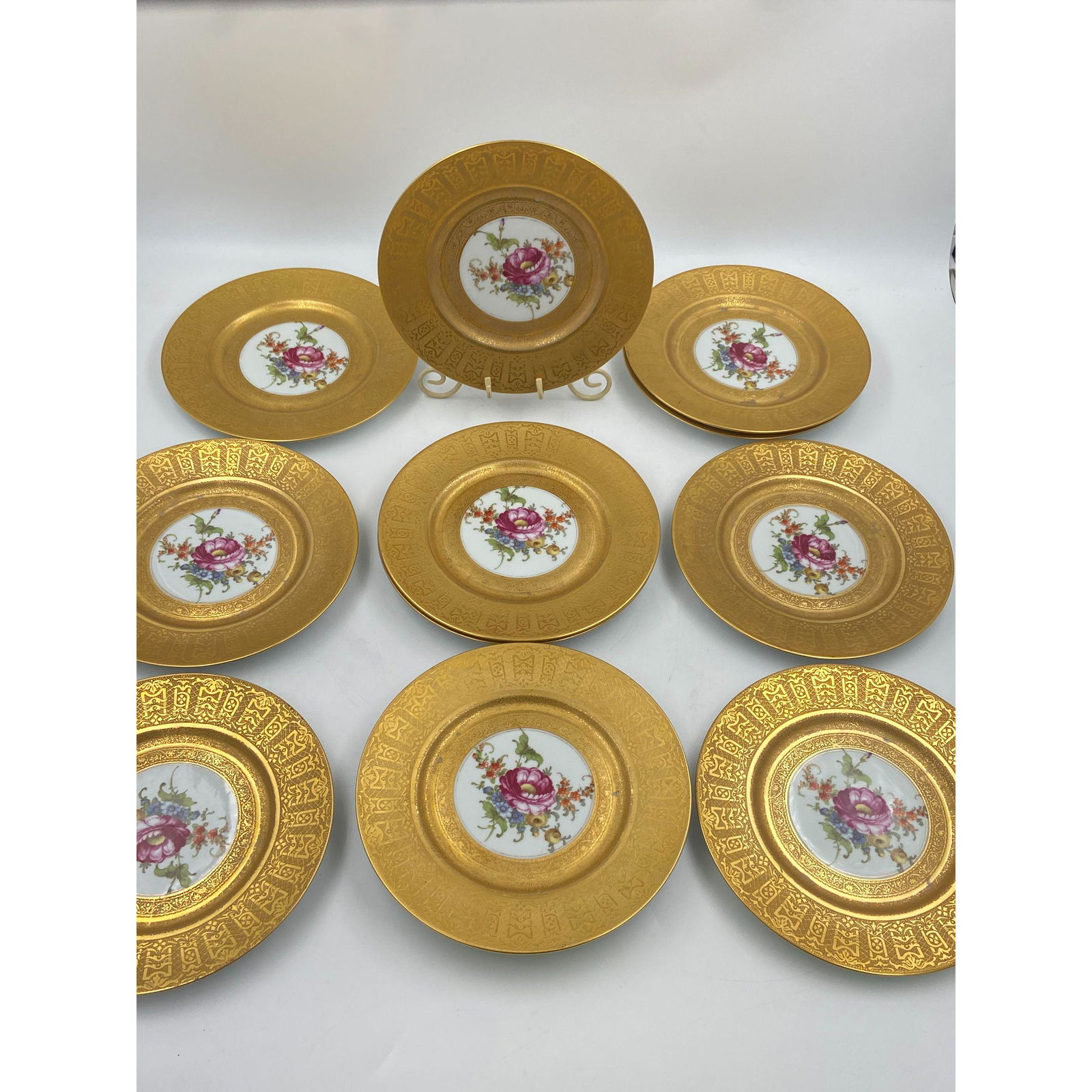 (12) Hand-Painted Gilded Porcelain Dinner Plates Set (1 of 9)