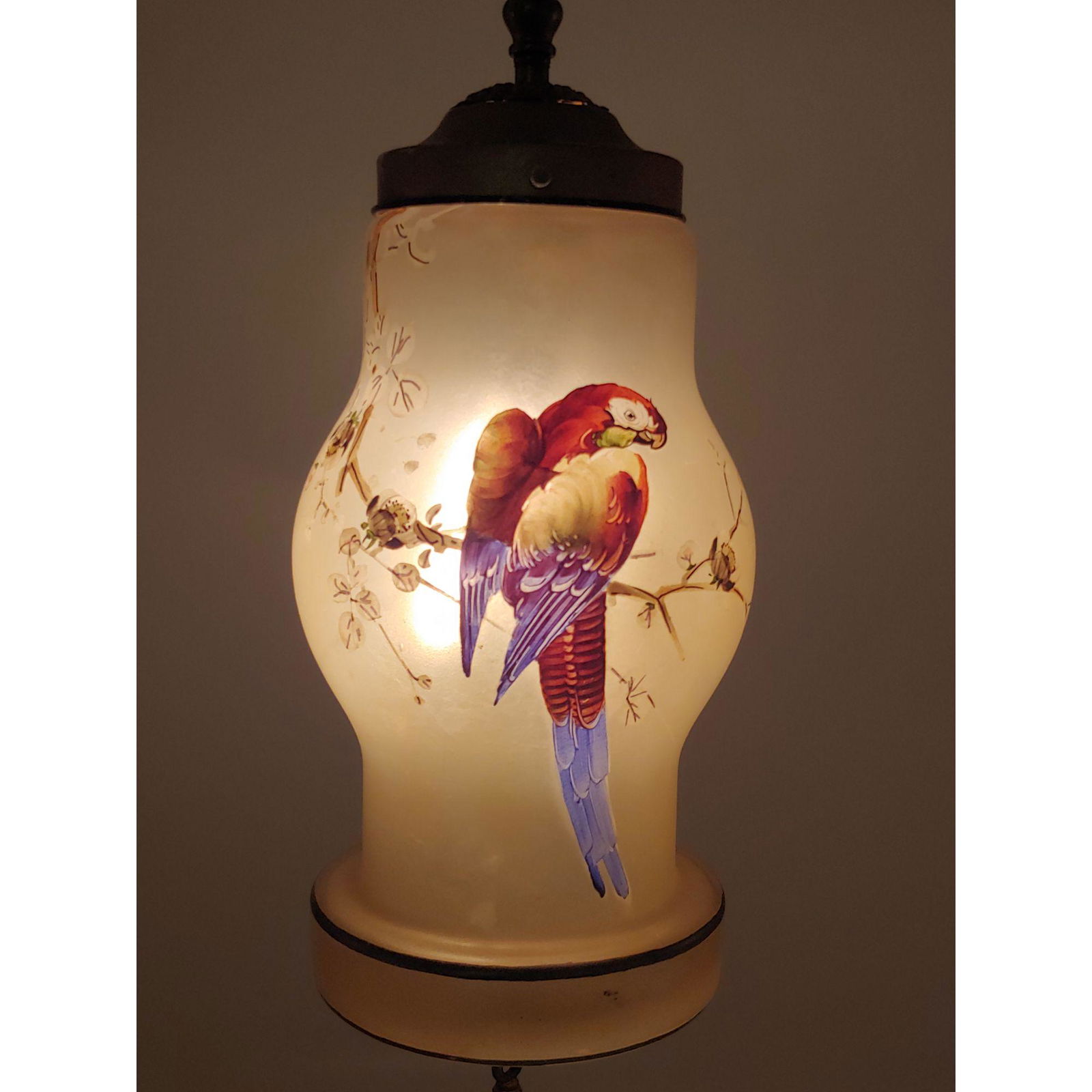 HANDEL Hanging lamp Reversed-painted with parrots (1 of 2)
