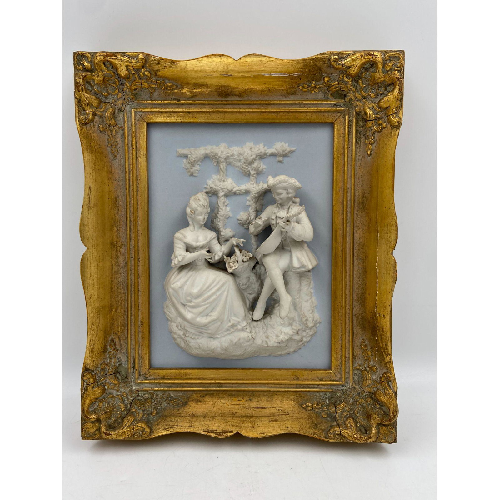 German Faux Porcelain 3D Figurines Framed: Vintage Faux Porcelain 3D Figurine Gilted Frame Scene From the Castle Park of Sanssouci About 1750-1760, Sight Measures 9 1/4" x 7" Frame Measures 14" x 11 1/2".....Please carefully read our terms of 