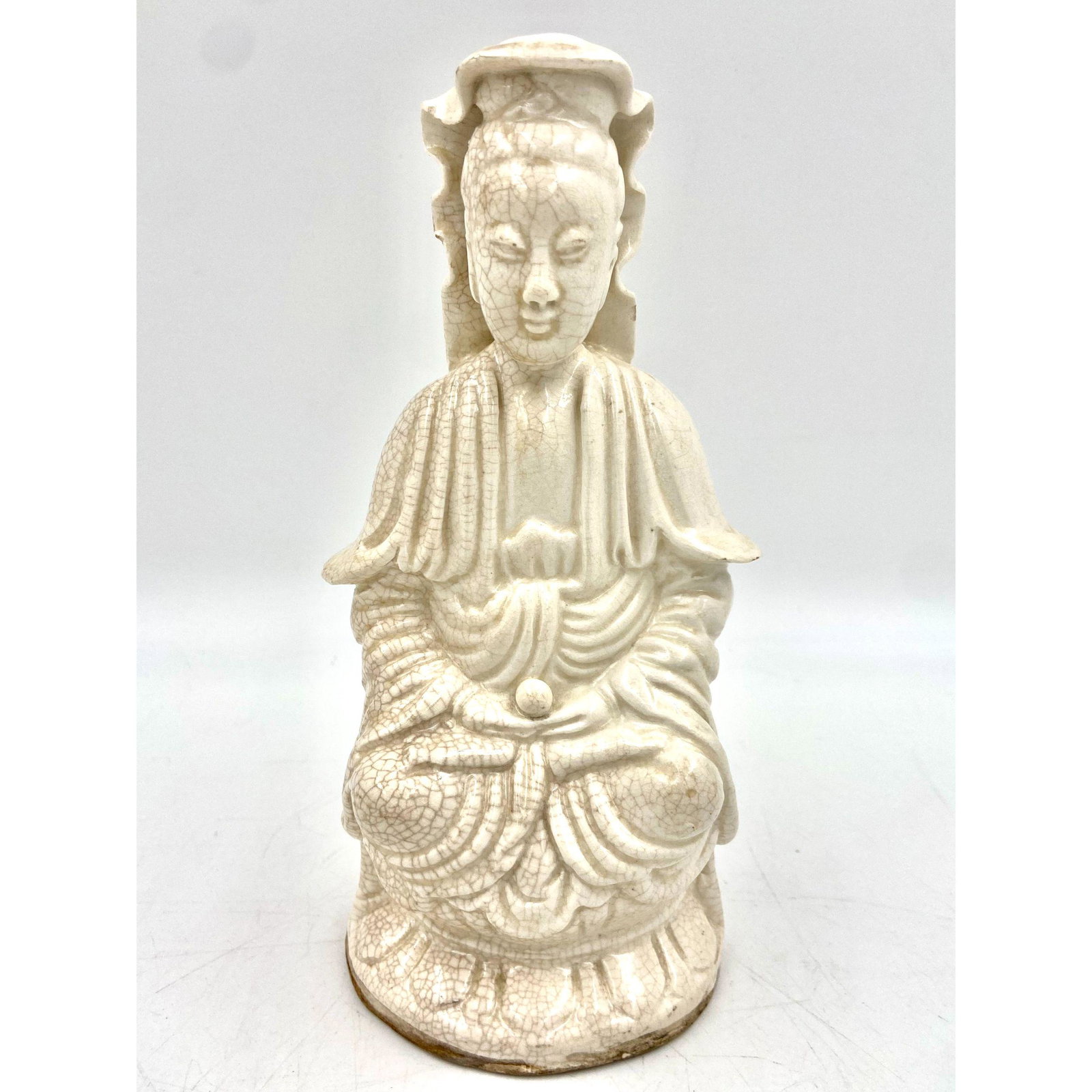 Chinese Blanc de Chine Porcelain Kwan Yin Figure Crackl: Chinese Blanc de Chine Porcelain Kwan Yin Figure Crackled Glaze, Measures 8" ... This item and many more forthcoming are from the estate of a true antiquity connoisseur in every sense of the word. Thi