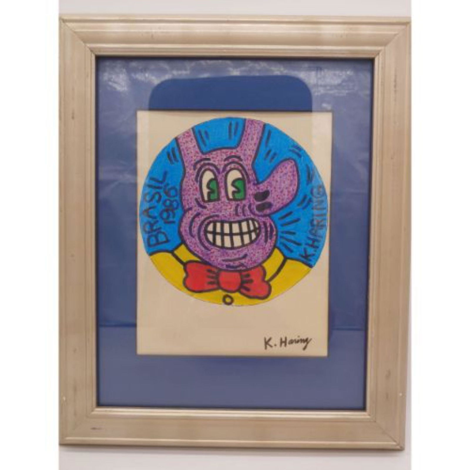 Keith Haring (After) Mixed Media Drawing "Brasil 86": Keith Haring (AFTER) Drawings, In the Style And Manner Of. The frame Measures 14 1/4" x 17 1/4" and the Sight Measures 10 5/8" x 13 1/2".. This Item Comes From A Very Prominent Collector From A South
