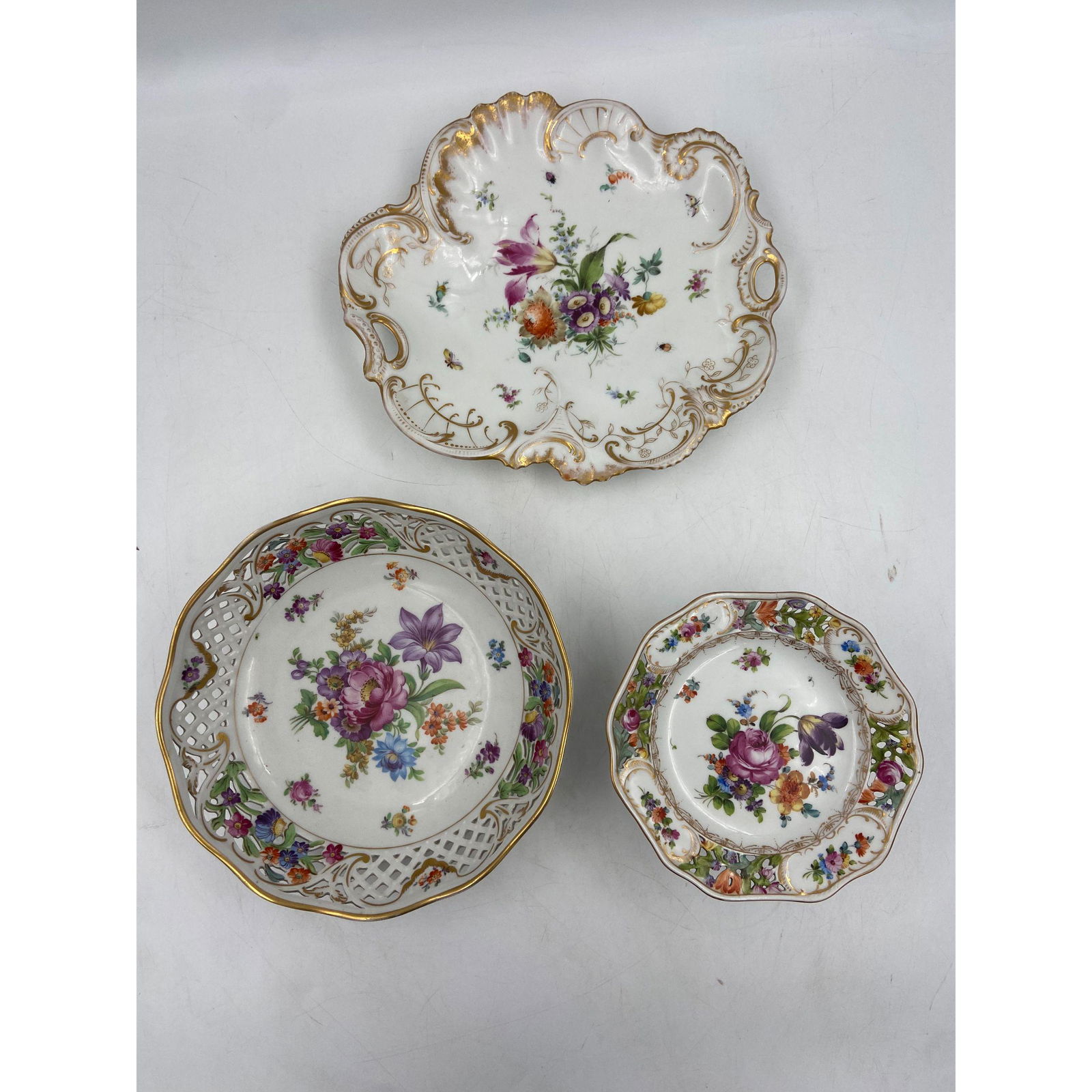 Pair Of Vintage Dresden Porcelain Serveware: Grouping Of Vintage Dresden Porcelain Dishes, Tray Measures 10 1/2" x 9 3/4", Bowl Measures 9" Diameter .... Please carefully read our terms of sale, shipping information, and request any condition re