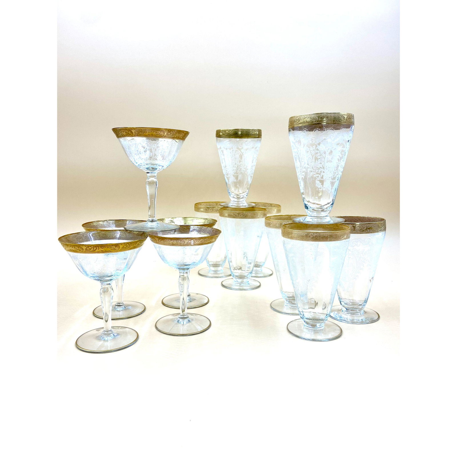 Victorian Grouping (13) Of Etched And Gilded Glassware: A Grouping Of Etched And Gilded Glassware (13) 8 Glasses And 5 Wine Stems They Measures 5" and 5 3/8" Has Some Scratches And Flakes.... Please carefully read our terms of sale, shipping information, a