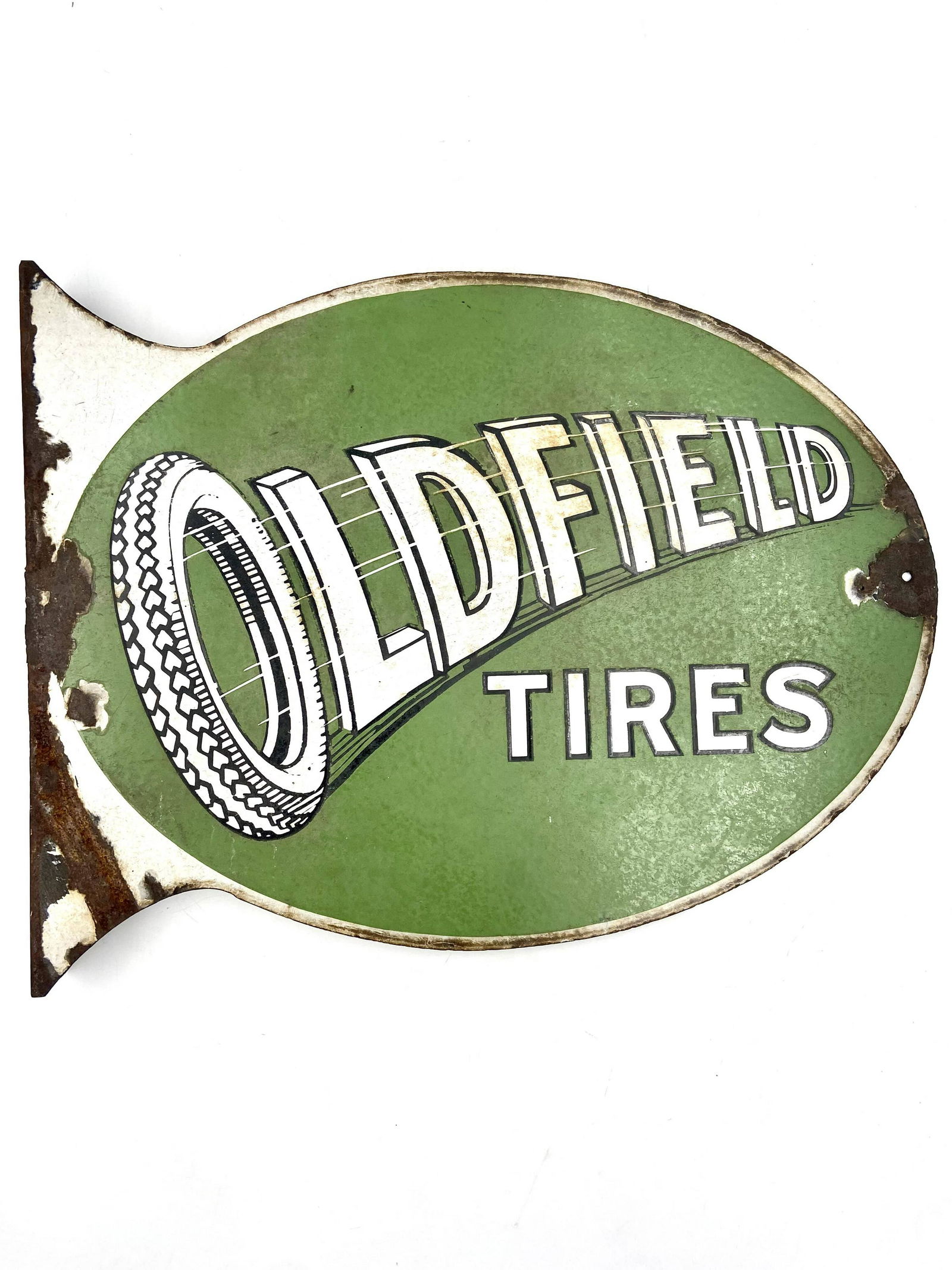 Rare 1920's Oldfield Tires Porcelain Flange Sign (1 of 9)
