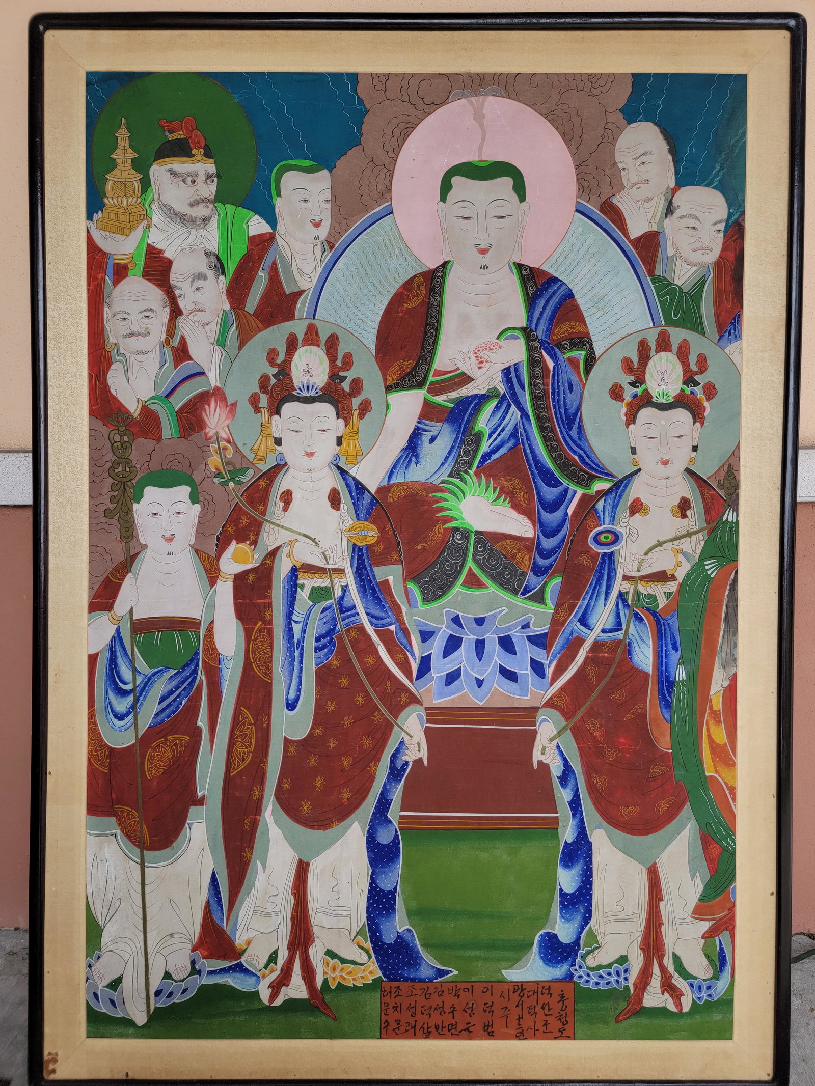 Antique Painting of Buddhist Celestial Figures, Korea: A Large Antique Painting of Buddhist Celestial Figures, Korea On Silk. Frame Measure 164 CM X 84 CM. Please carefully read our terms of sale, shipping information, and request any condition reports or