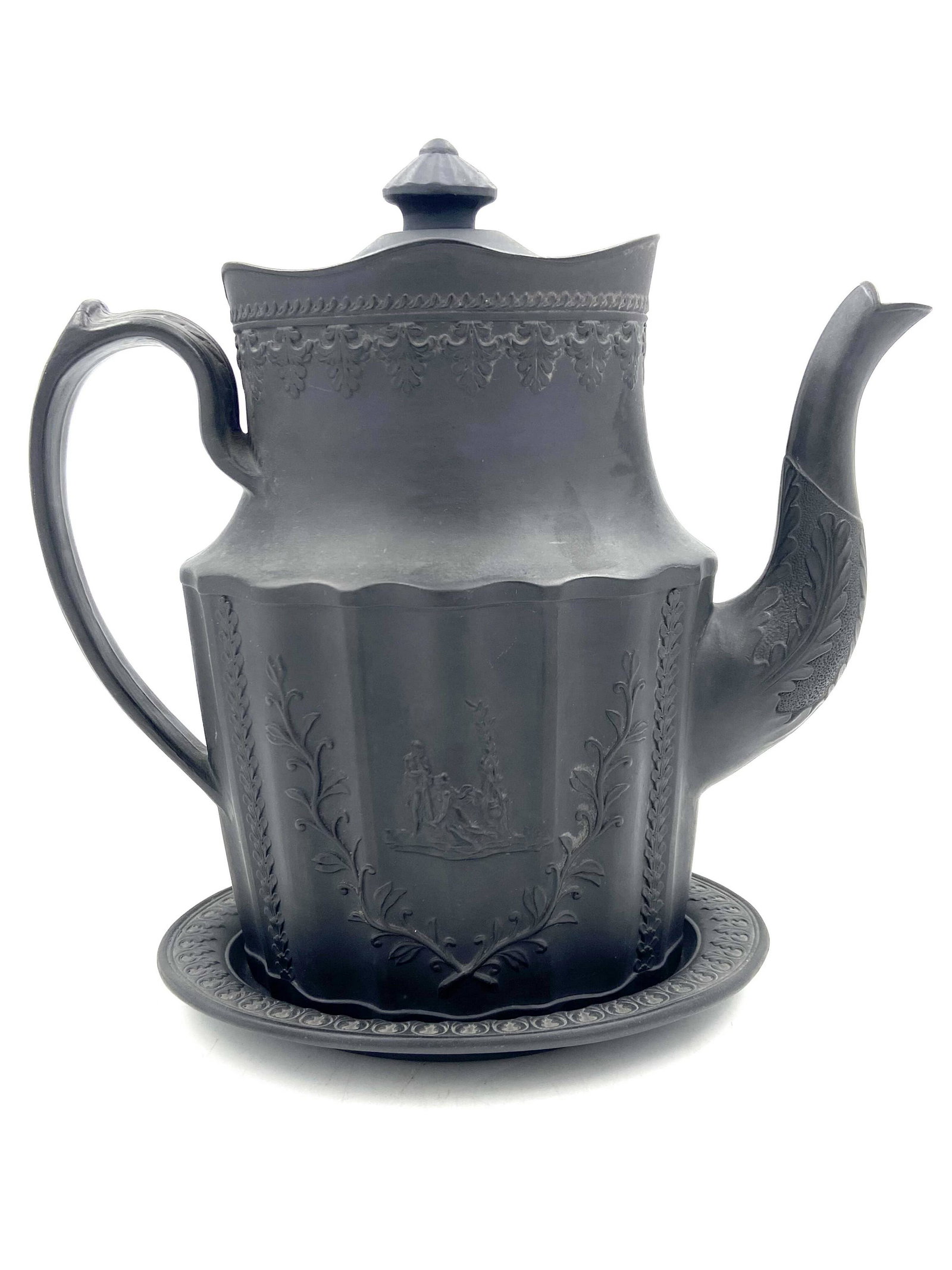 Classical Basalt Black Teapot w/ Lid & Underplate 1850s (1 of 8)