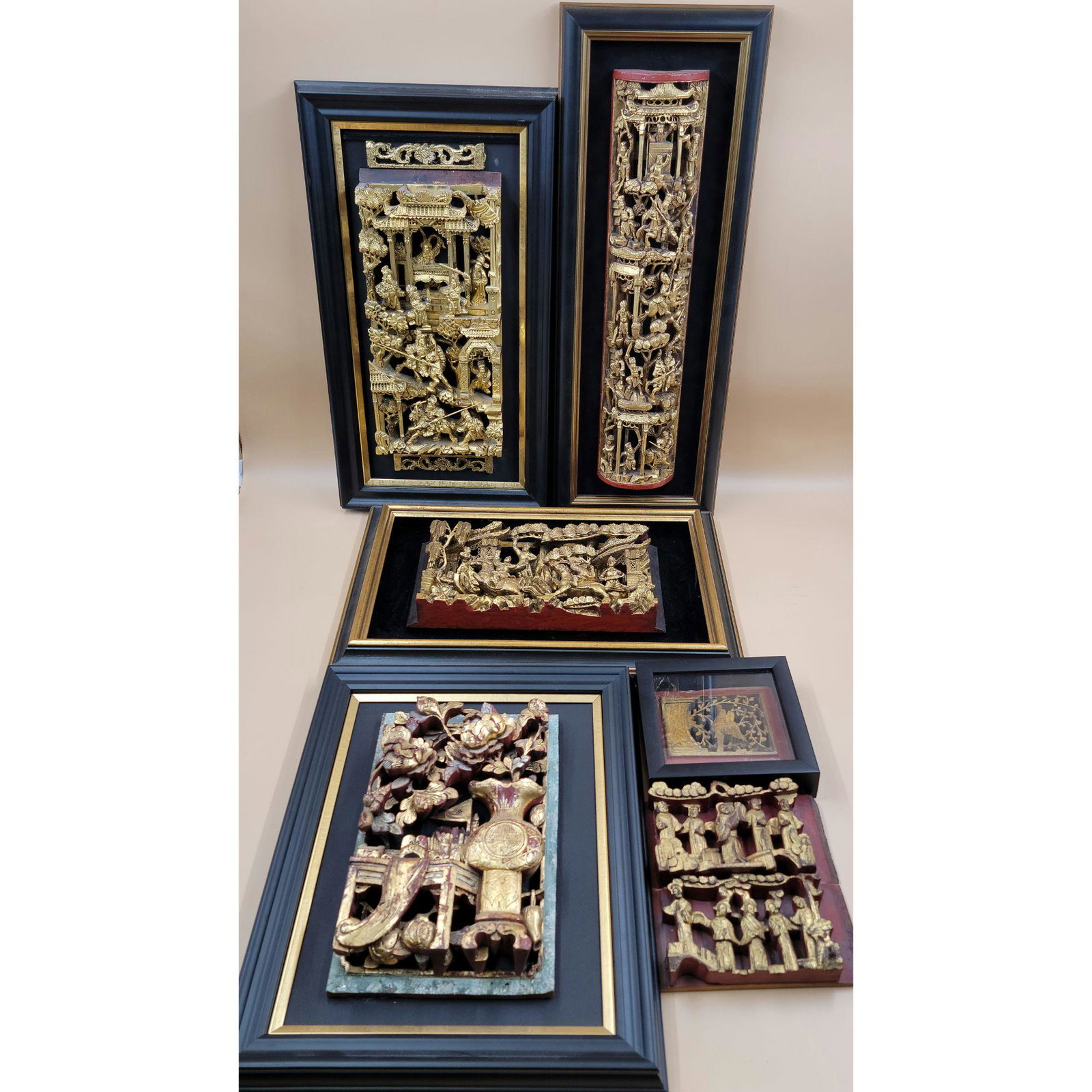 Chinese Hand-Carved & Gold Gilded Wall Panels: Chinese Hand-Carved & Giltwood Gilded Wall Panel, various sizes. From A Mt Dora Florida Estate. Please carefully read our terms of sale, shipping information, and request any condition reports or phot