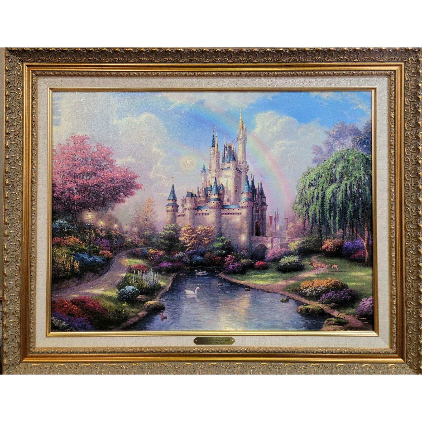 Thomas Kinkade A NEW DAT AT CINDERELLA CA W/ COA Signed: (COA SIGNED BY ARTIST & VERSO) Thomas Kinkade A NEW DAY AT CINDERELLA CASTLE AP SIGNED COA VERSO AND FRONT BOTTOM RIGHT 136/395. Measure 18" X 24". From A Florida Estate. Please carefully read our ter