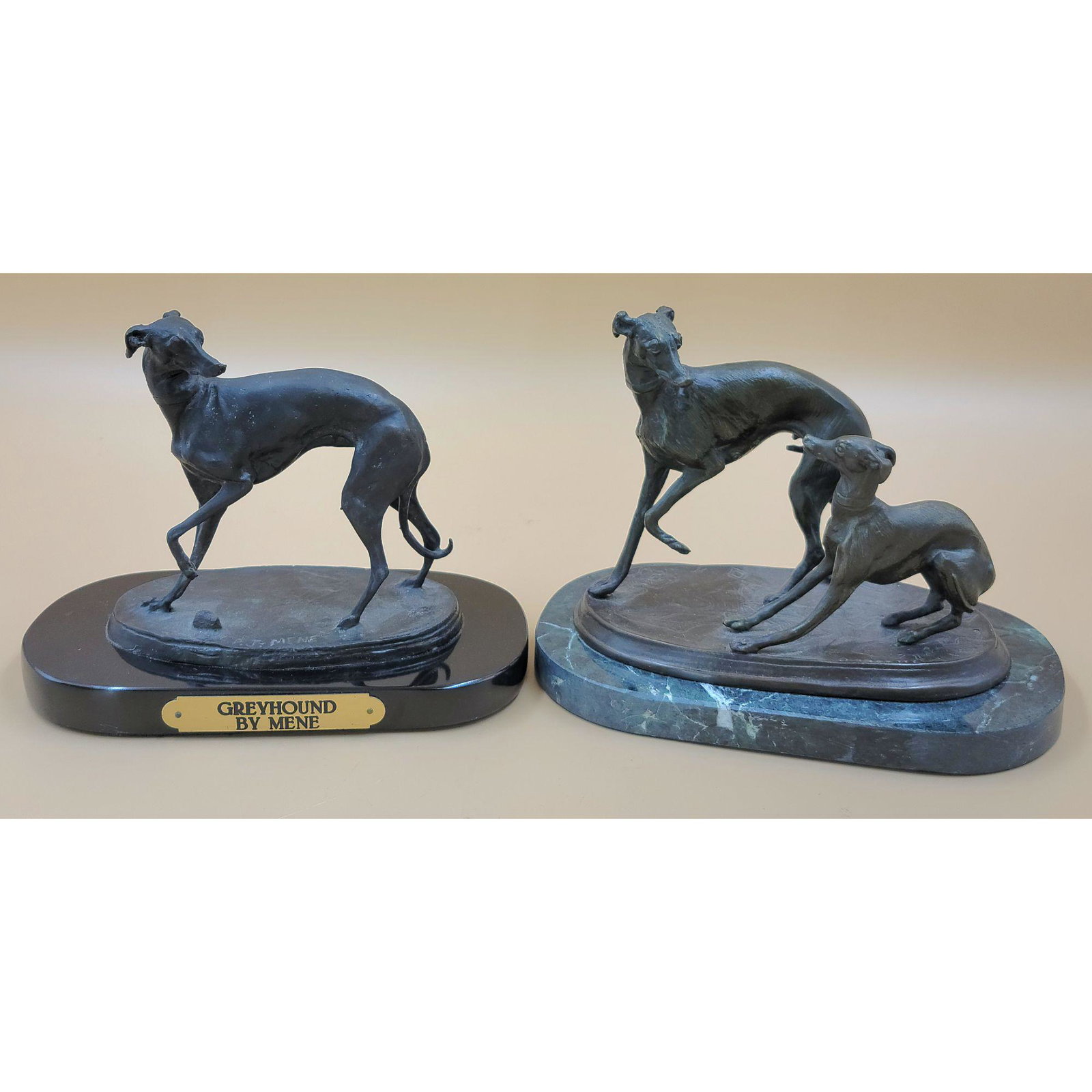 Lot Of 2 Bronze Sculptures After P.J Mene "GREYHOUNDS": Lot Of 2 Bronze Sculptures After P.J Mene "GREYHOUNDS" Signed. Measure 6 3/4 X 7.5" And 5.5". Please carefully read our terms of sale, shipping information, and request any condition reports or photos