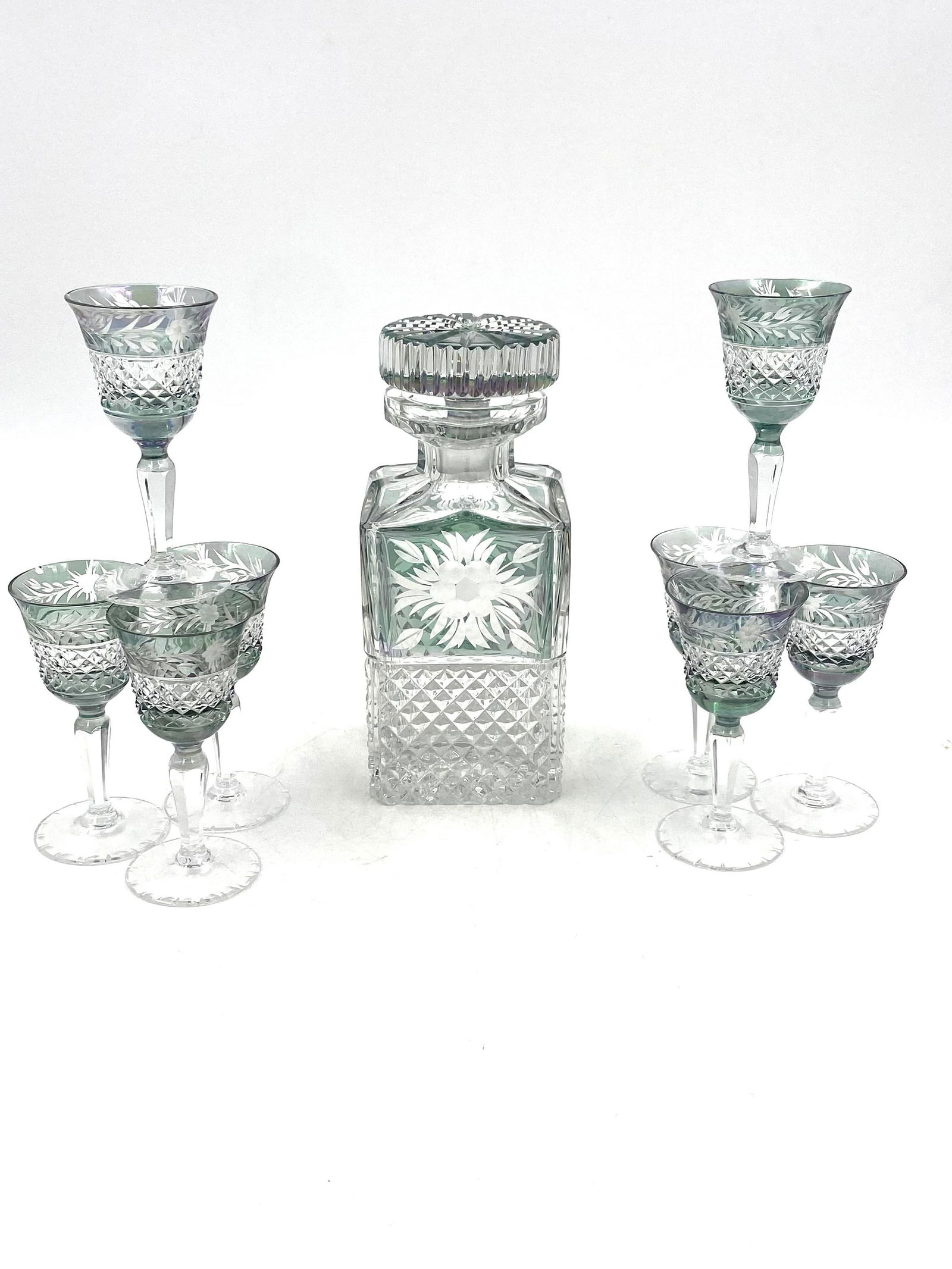Green Cut To Clear Decanter Set With Etched Design (1 of 7)