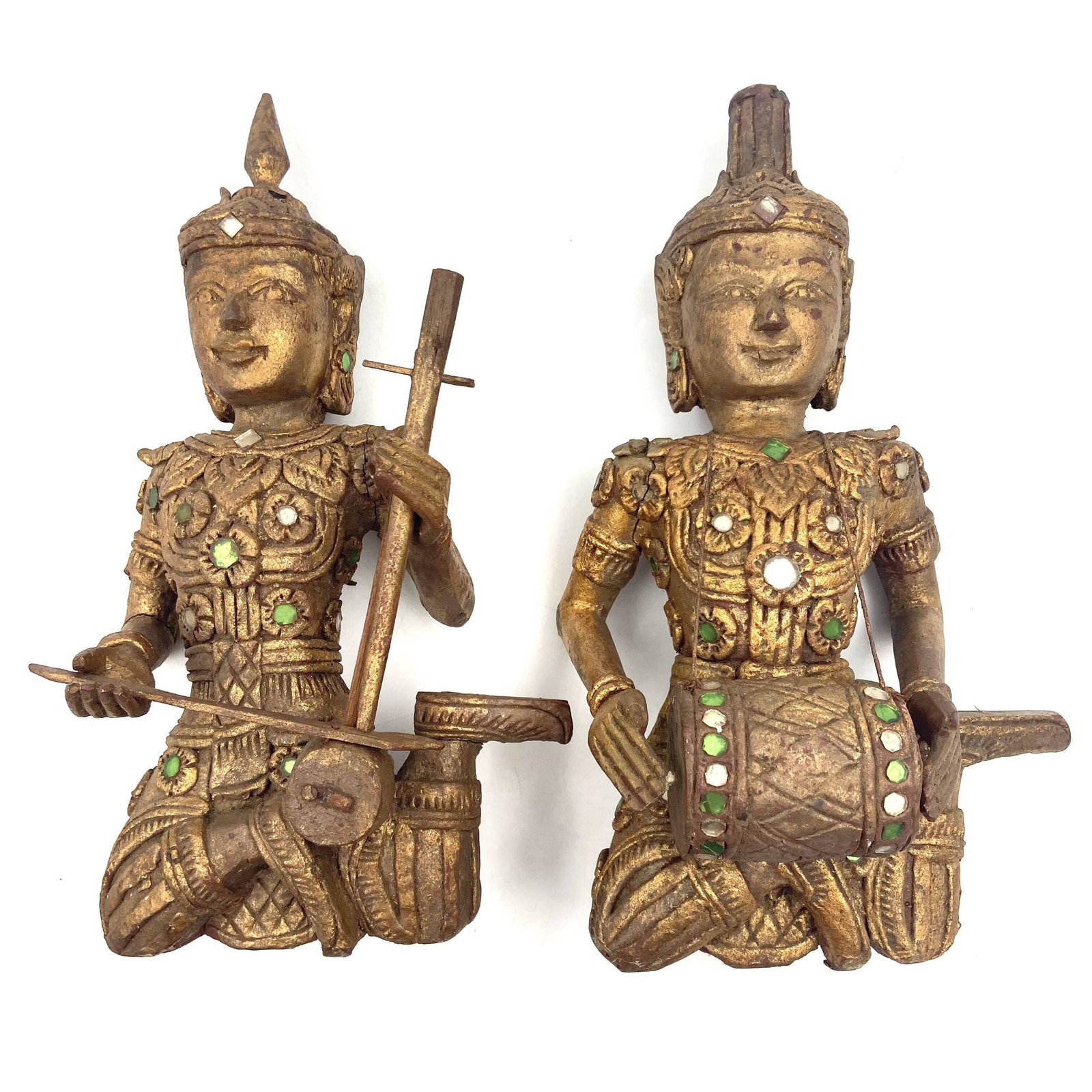 A Pair of Antique Wood-Carved, Gilded Thai Musicians: Measuring about 14" X 8" X 5", tall. Please carefully read our terms of sale, shipping information, and request any condition reports or photos prior to placing a bid. Any condition statement is given