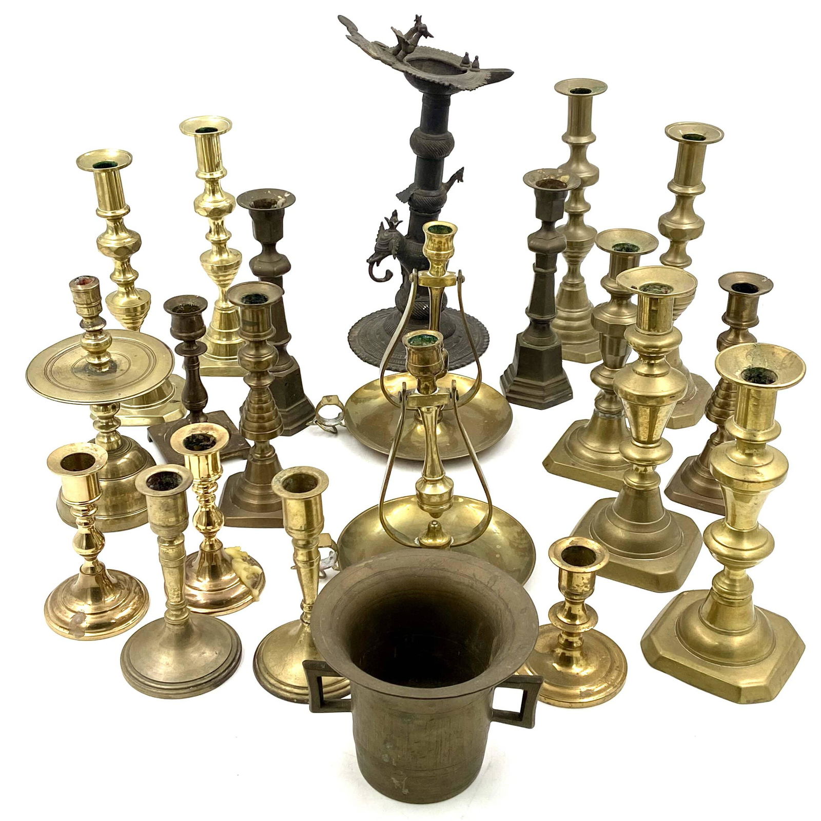 Lg Collection Of Antique Brass Candleholders & Oil Lamp (1 of 9)