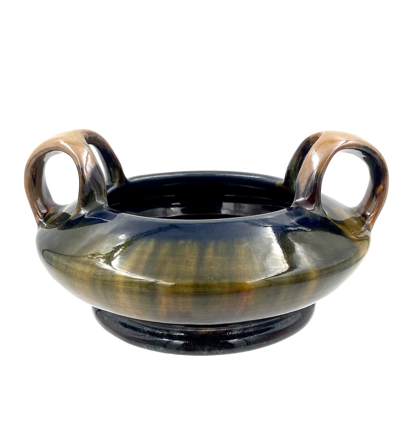 Vintage Belgian Pottery Bowl With High Open Handles: Vintage Belgian Pottery Bowl With High Open Handles. Glossy Brown With Black And Blue Drip. Measures 4 1/2" x 9" Unmarked...Please carefully read our terms of sale, shipping information, and request a