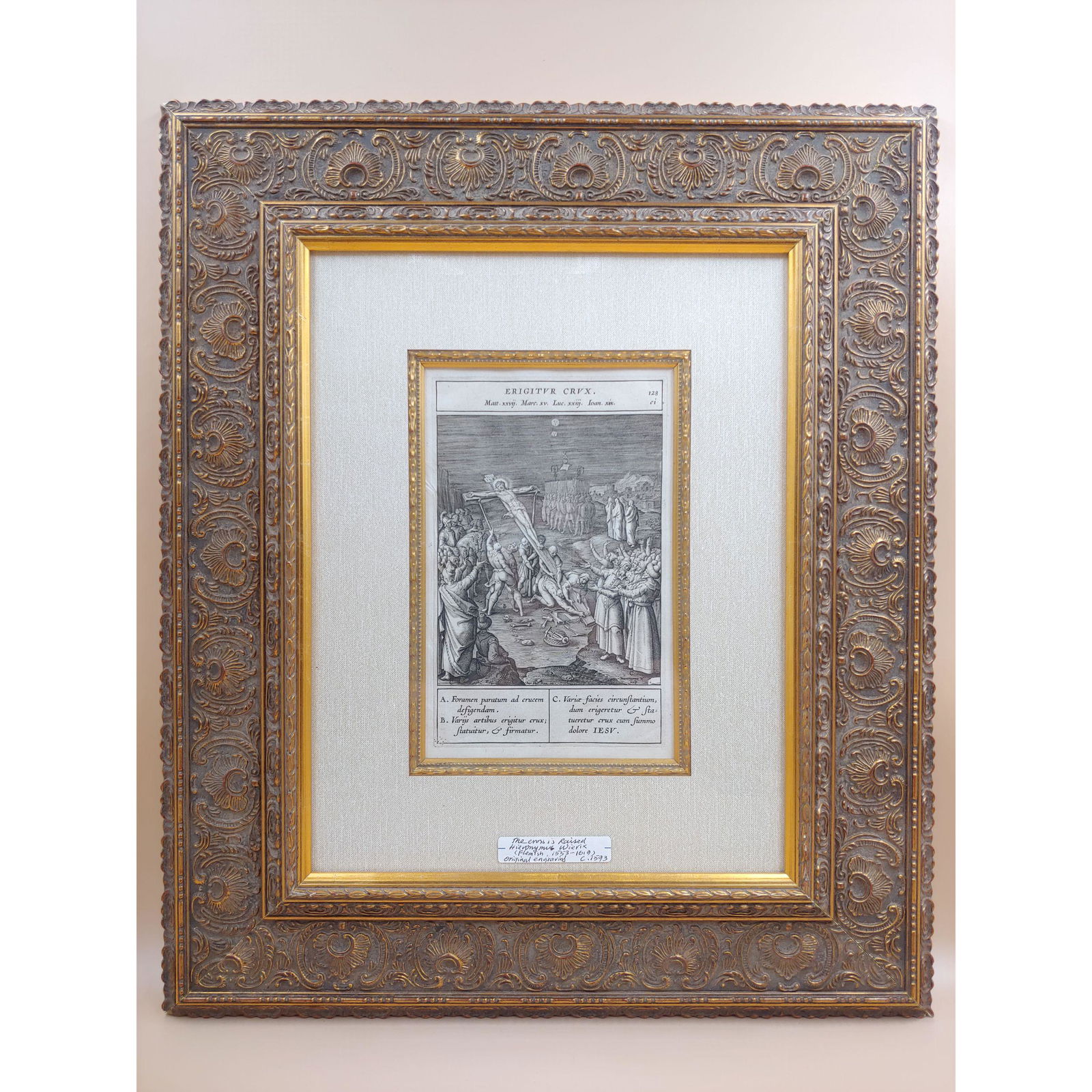 Hieronymus Wierix Engraving " The Cross is Raised": Hieronymus Wierix Engraving " The Cross is Raised". The Frame measures 23" x 18 1/4". The Sight measures 6 1/8" x 9 1/2". Please carefully read our terms of sale, shipping information, and request any