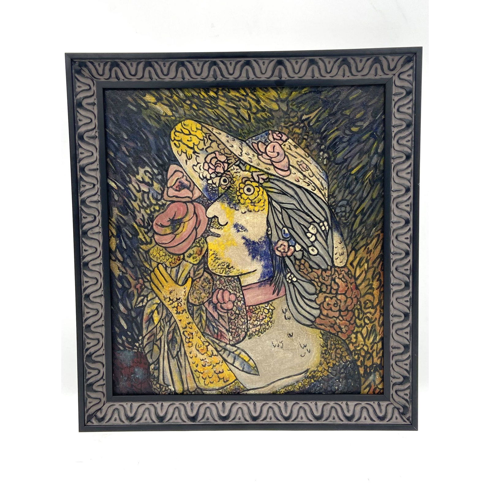 Antique Oil On Canvas Painting In The Style Of Chagall: Antique Oil On Canvas Painting In The Style Of Marc Chagall. Frame measures 19" x 20 7/8" Site measures 15 1/2" x 17 1/2".Please carefully read our terms of sale, shipping information, and request any