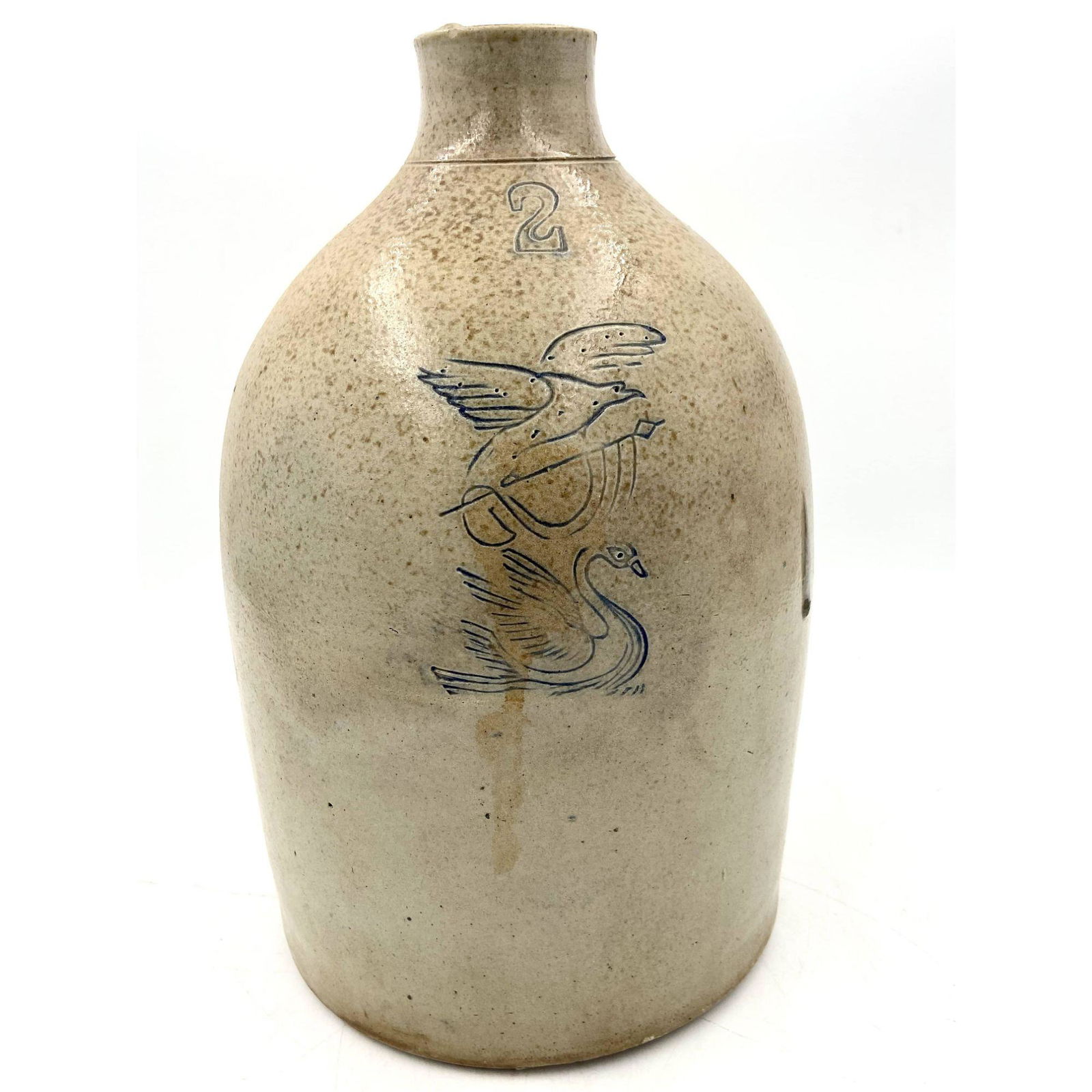 Antique Stoneware Jug Impressed Eagle & Swan 19th c: Antique Stoneware 2 Gallon Jug with IMPRESSED Swan and Eagle. Measures 14" Tall. FROM THE ESTATE OF THE LATE ROBERT RUEBSAMEN. Please carefully read our terms of sale, shipping information, and reques