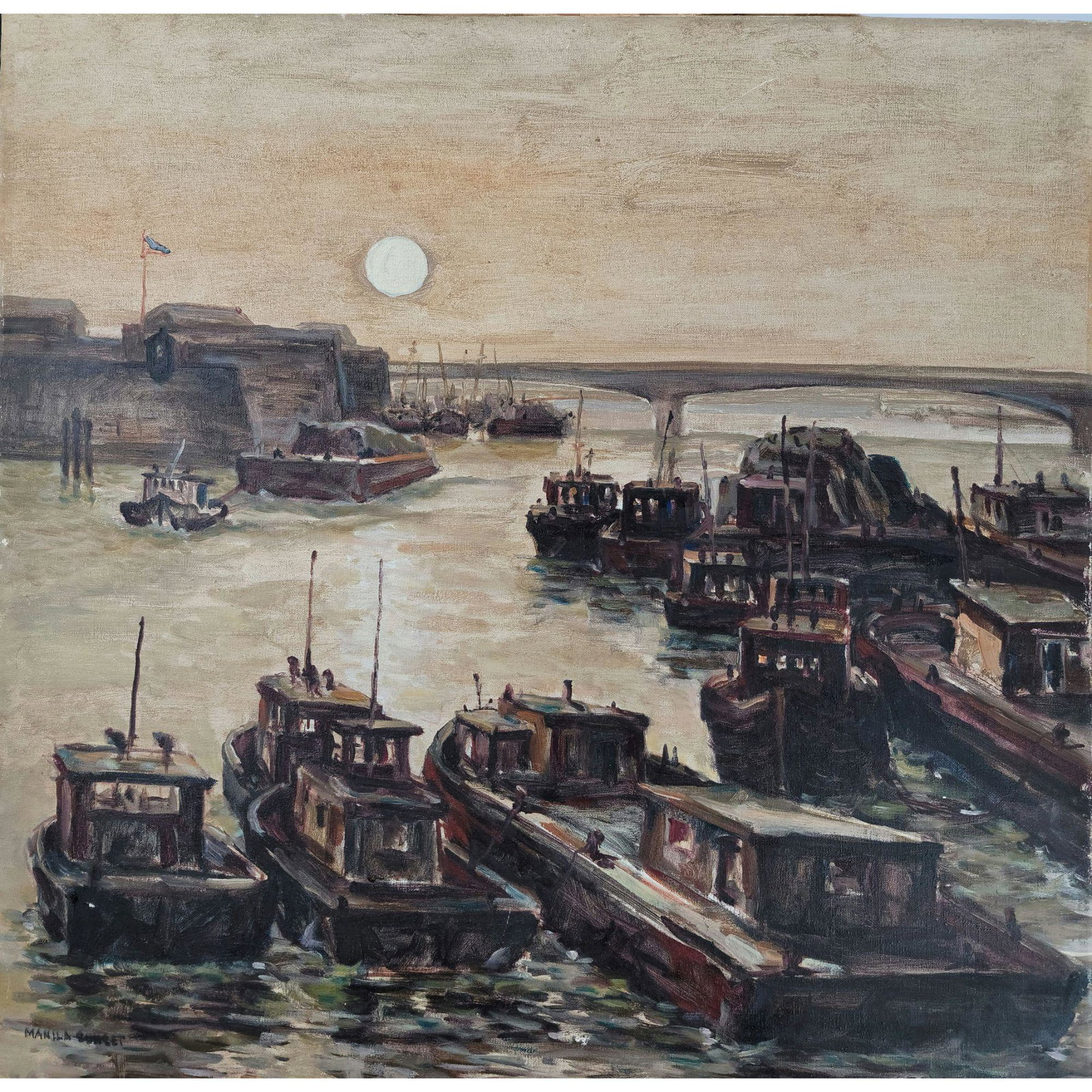 Signed O/C Painting MANILA SUNSET Boats In A Harbor (1 of 8)