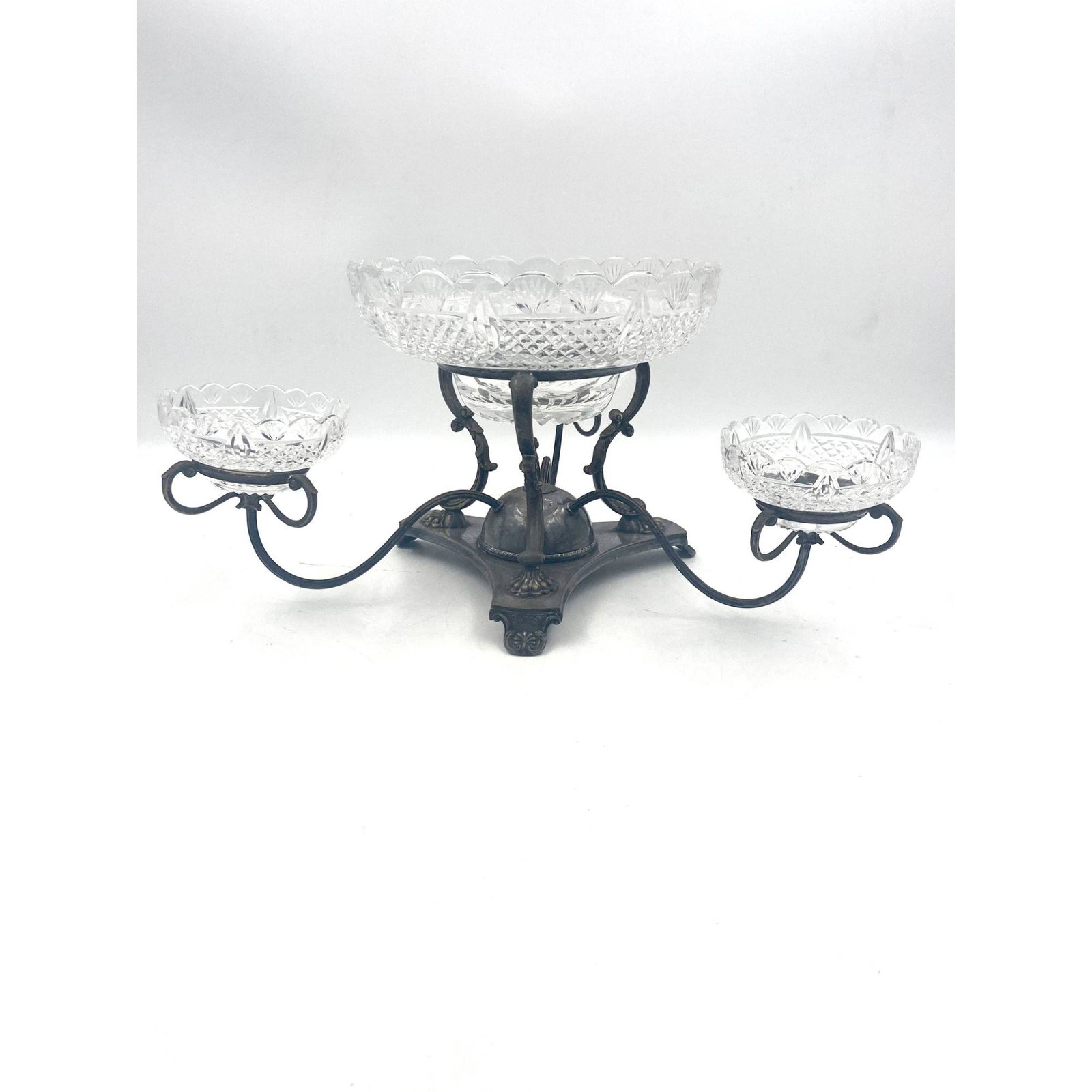 Antique Cut Glass Epergne On Silver-plate Mount: Antique Cut Glass Epergne On Silver-plate Mount. Measures 9" Tall, and 18" wide from the arms. Comes from estate in Florida. Please carefully read our terms of sale, shipping information, and request 