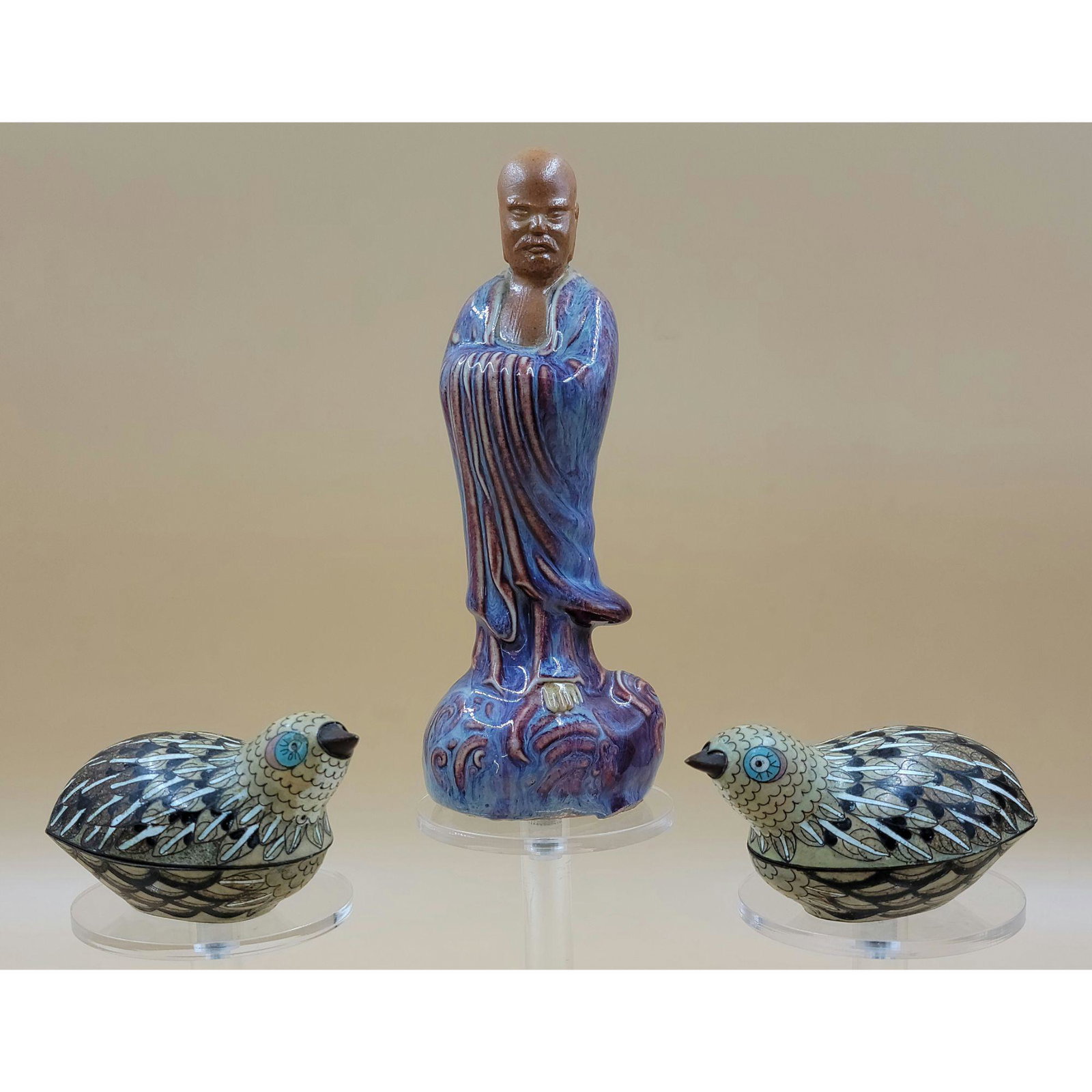 Chinese Flambe Buddha Figure & 2 Cloisonne Birds Signed (1 of 20)