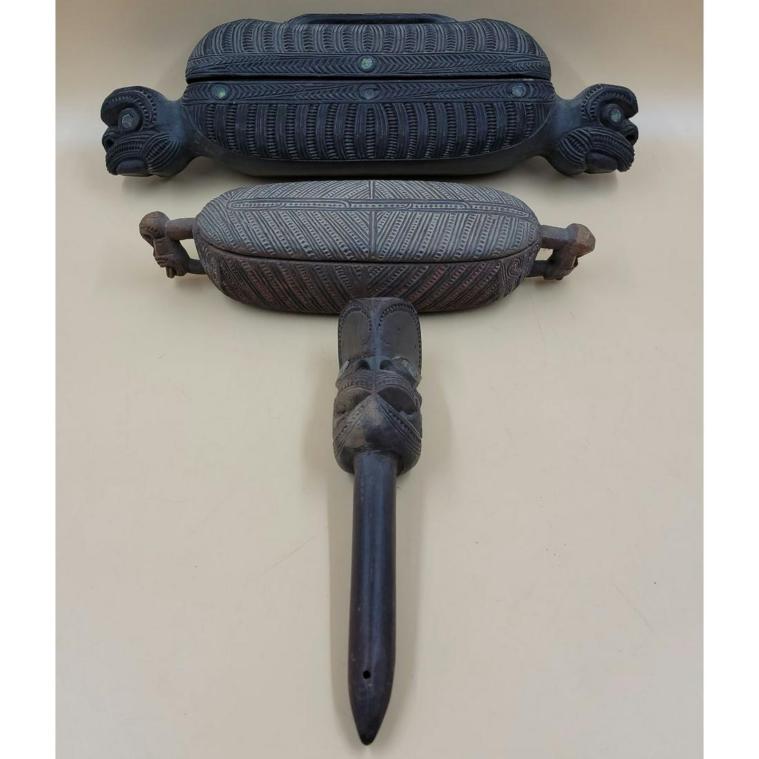 Grouping Of Vintage Carved Maori Treasure Box & Club? (1 of 20)