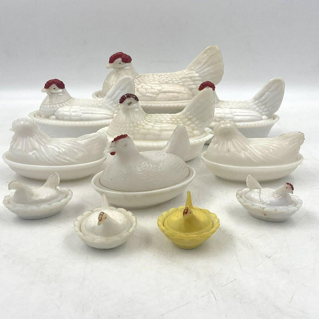 11 Miniature Hens on Nest Milk Glass Dishes (1 of 12)