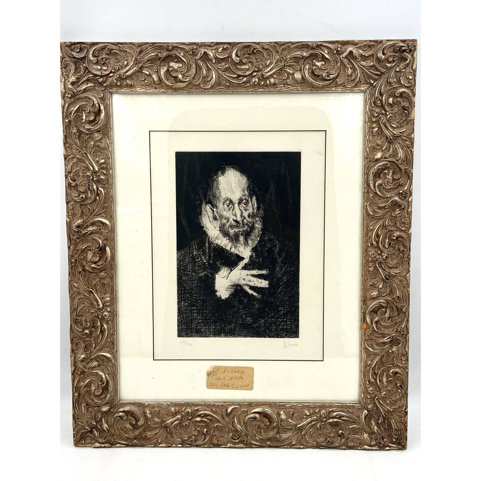 Jack Levine Original Etching Signed "EL GREGO": Jack Levine Original Etching Signed "EL GREGO". Numbered 62/100. Frame measures 21 1/4" x 25 1/4" Sight measures 11" x 14 1/2" Comes from a Central Florida Estate. Please carefully read our terms of s