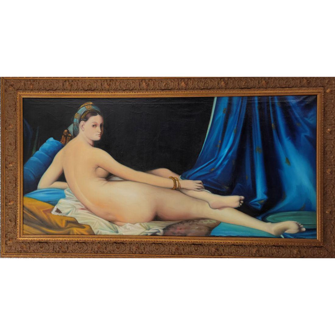 Signed Reclining Nude Painting Of A Lady: Signed Reclining Nude Painting Of A Lady, I was told this was a movie prop but he cannot remember. Frame Measure 54" X 30.5", Sight 46.5" X 22.5". From Memphis Tenn. Estate Of An 83 Year Old Gentleman