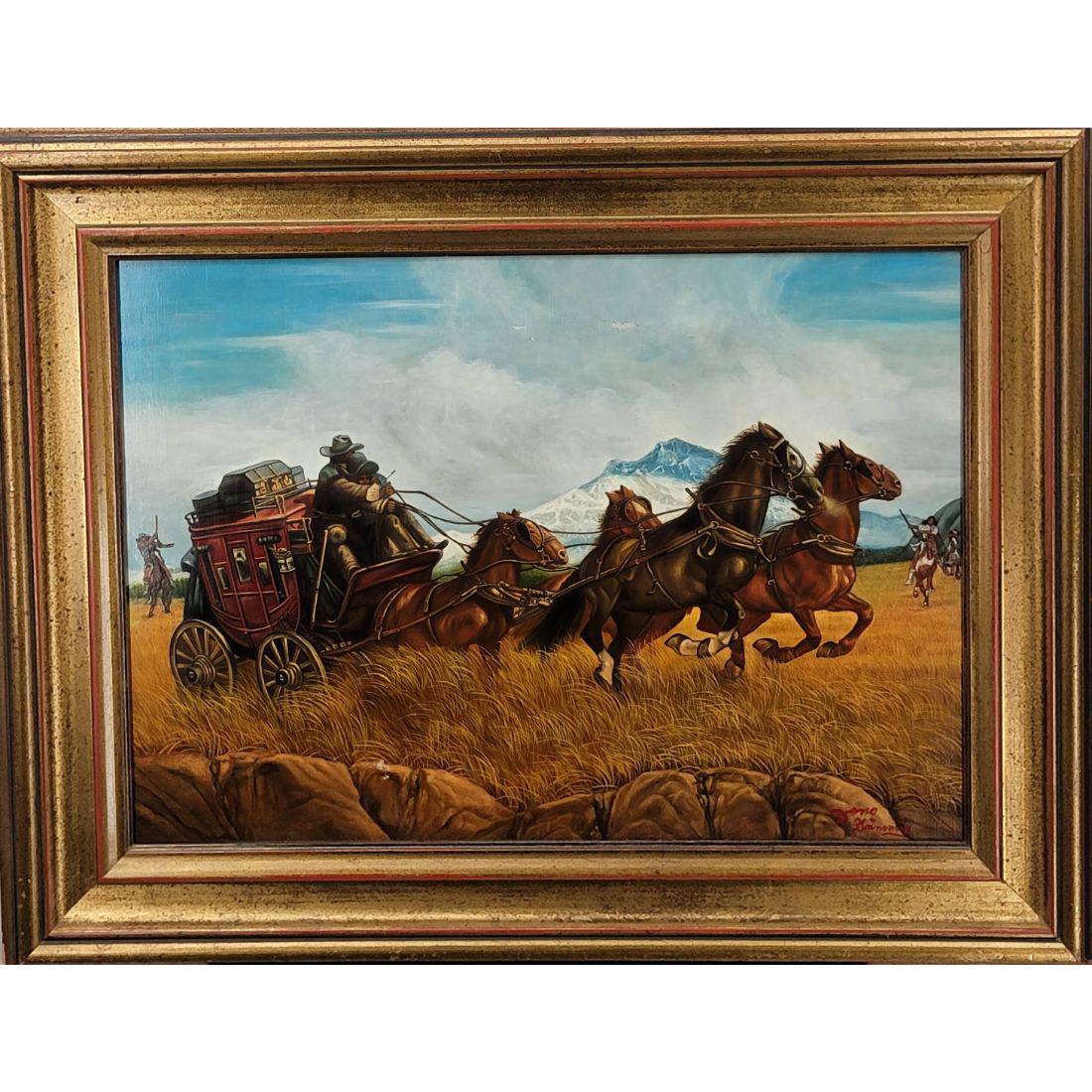 Signed Stagecoach And Indians Painting On Board "ROBBERY" (1 of 14)