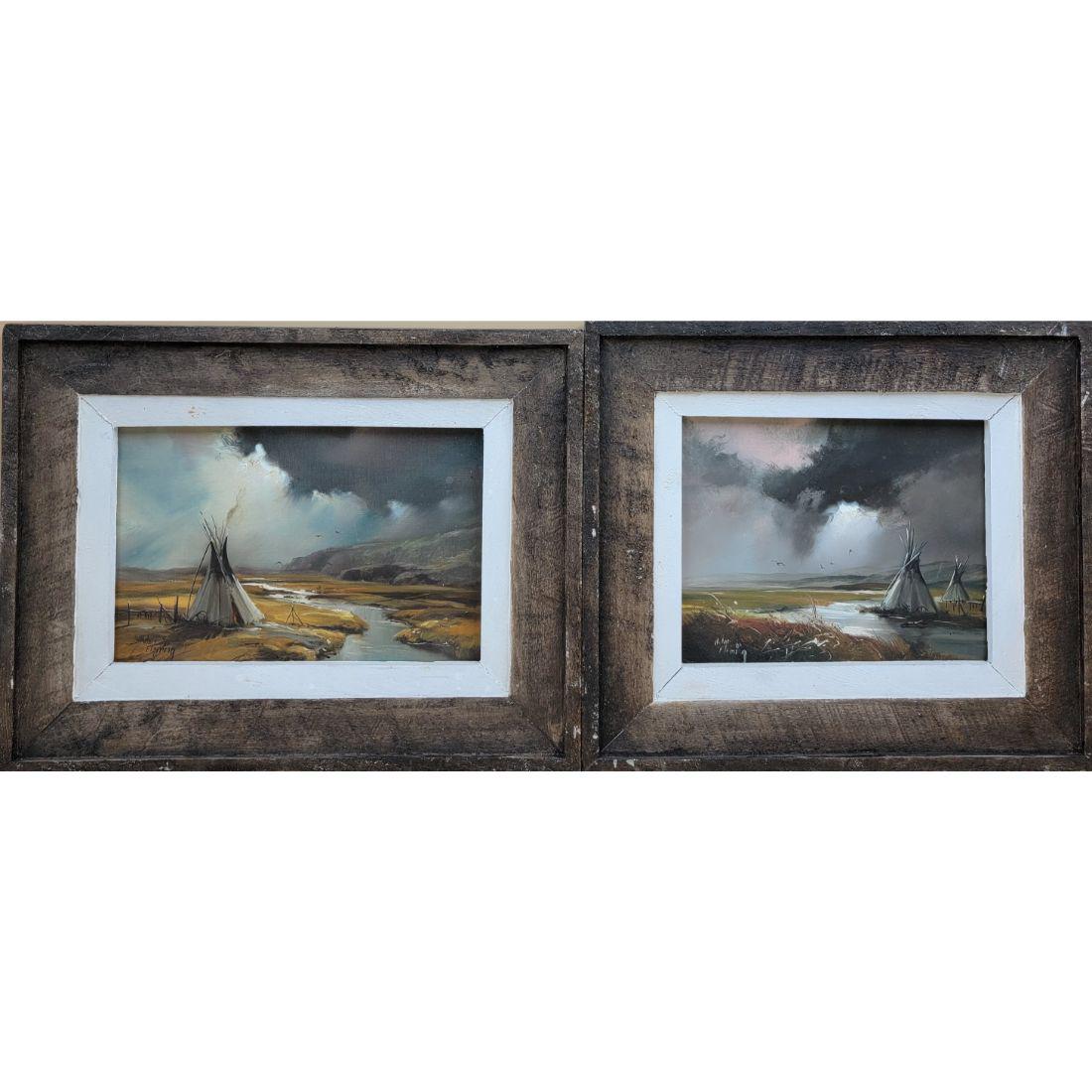 Pair Of O/B Native American Painting Hulan Fleming B1933 American: Pair Of O/B Native American Painting Hulan Fleming B1933 American, Washington Florida And Iowa. Frames Measure 13.5" X 17.5" & 14" X 15.5", Board 7.5" X 11.5" & 8" X 10". From Memphis Tenn. Estate Of 