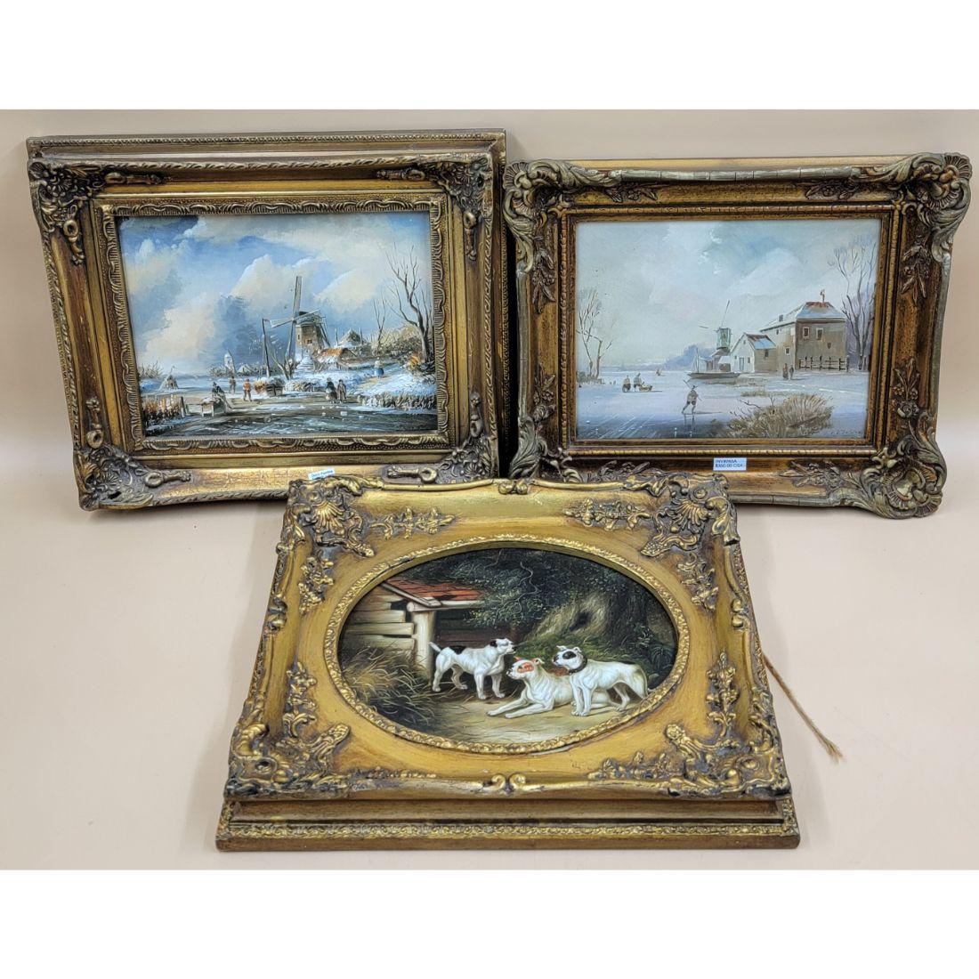 Lot Of 3 O/B Dutch Snow Landscape And Dog Painting (1 of 13)