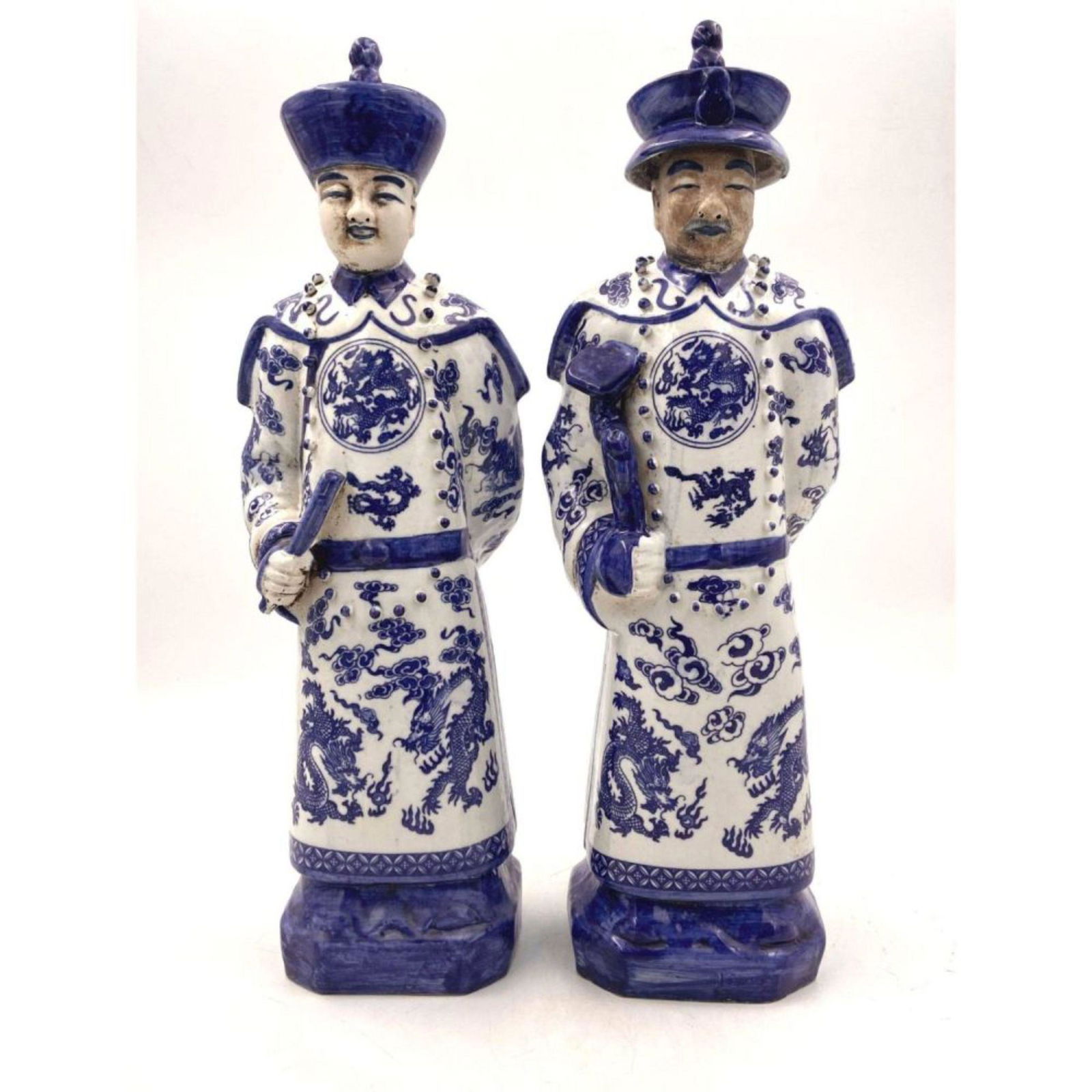 Lg Pair Of Chinese Blue & White Porcelain Statues (1 of 18)