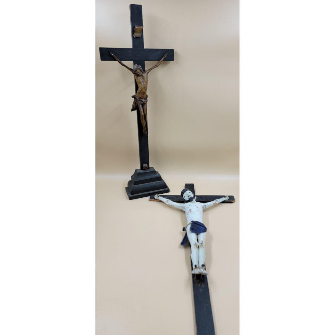 Lot Of 2 18-19th C Carved Crucifix Polychromed Paint (1 of 19)