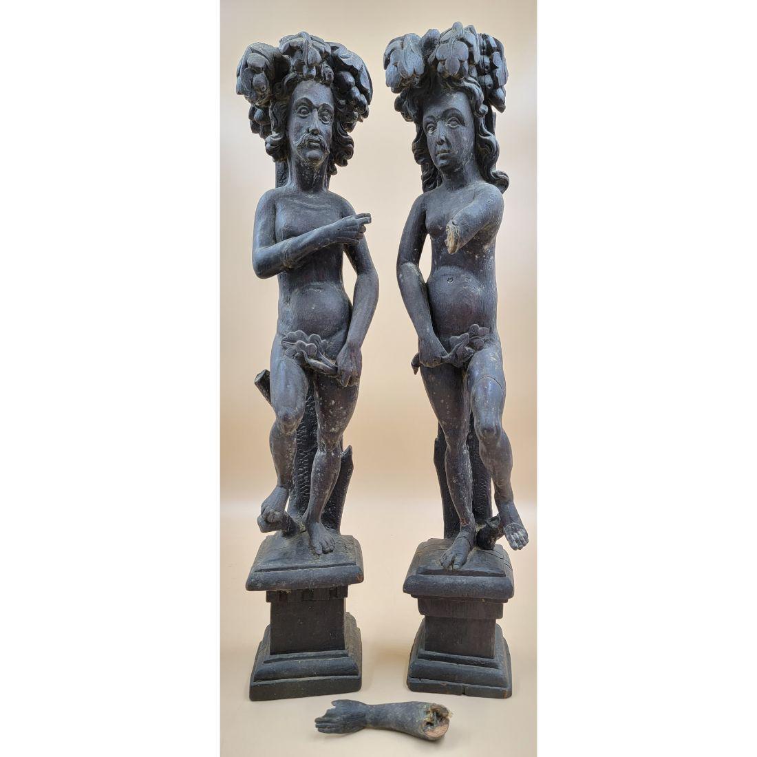Early Antique Carved Wooden Caryatid Adam & Eve 18-19th C: Early Antique Carved Wooden Caryatid Adam & Eve 18-19th C, (NOT PERFECT). Measure 24" Overall. This lot, and many forthcoming are from the estate of a true antiquity connoisseur in every sense of the 
