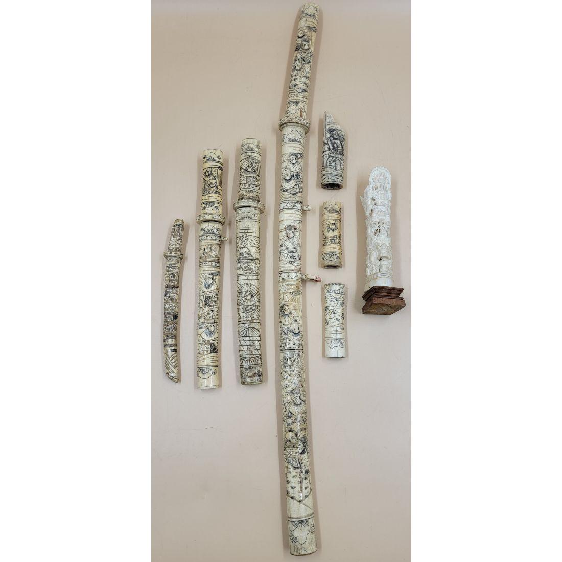 4 Vintage Japanese Swords in Bone Scabbards & Sculpture: 4 Vintage Japanese Swords in Bone Scabbards & Carved Bone Sculpture Plus Extras. Measure From 9.5" To 33.5", Statue Measure 8 3/4". This lot, and many forthcoming are from the estate of a true antiqui