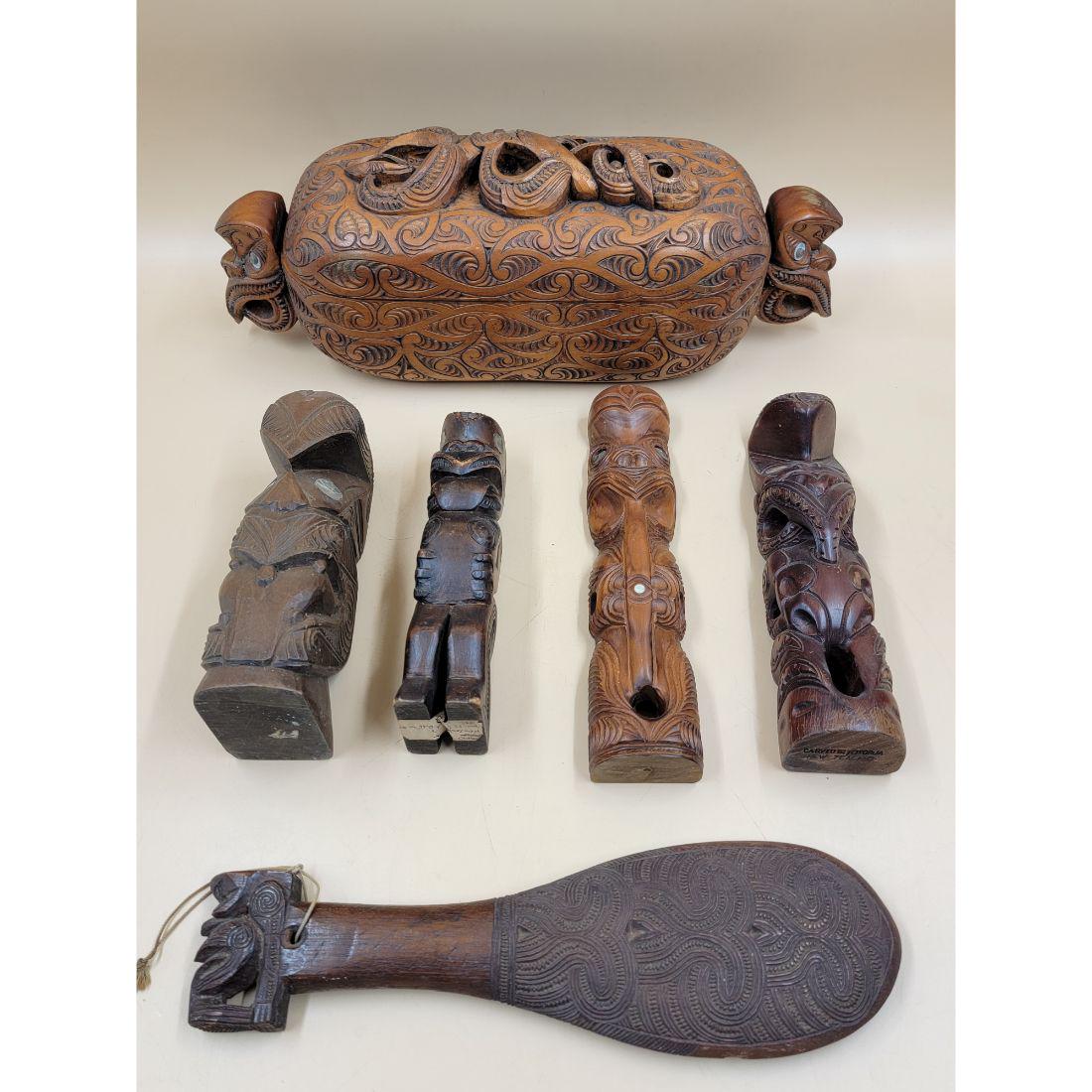 Grouping Of 6 Maori Carvings FIGURES TREASURE BOX AND CLUB (1 of 20)