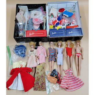 Vintage Barbie Lot: A large trunk of Assorted Barbie dolls and clothing. Lots of dolls to include Mod dolls, Bubblecut, Midge, Ponytail and more. A very good assortment of clothing that is mainly tagged. A very good lot