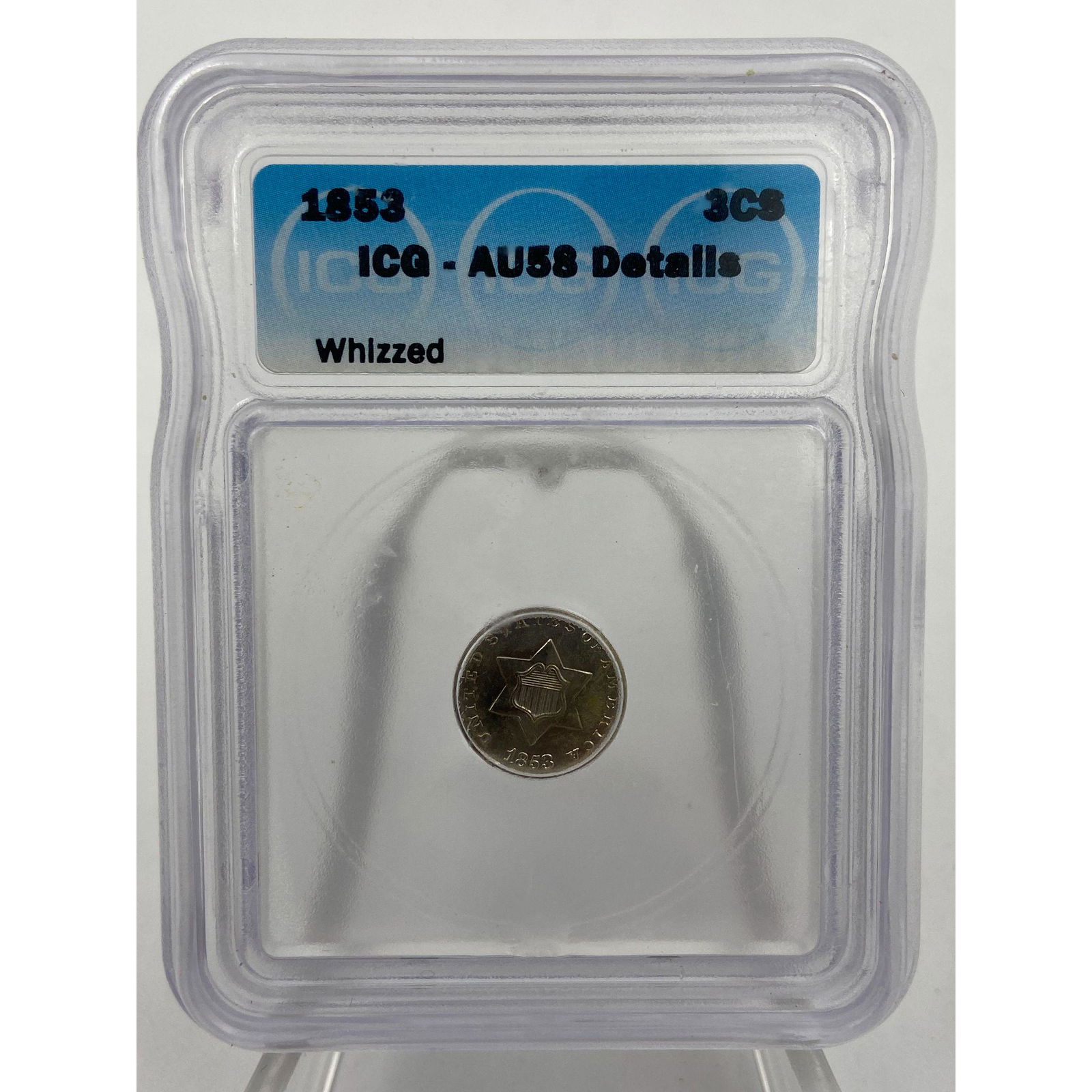 US 1853 3 Cent Piece In Silver : Slabbed By ICG And Graded AU58 (1 of 2)