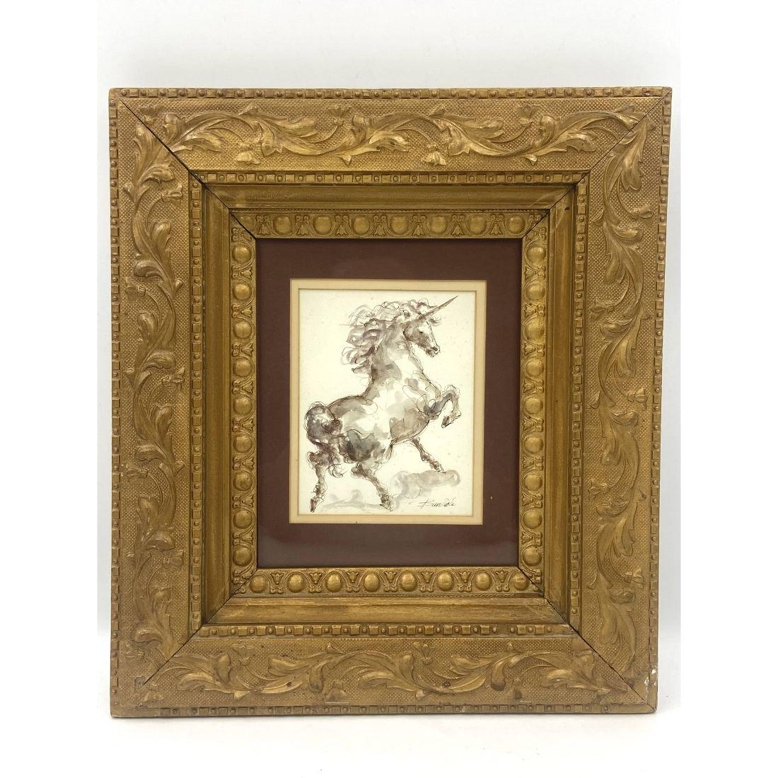 A Nice Watercolor & Ink Drawing Of A Unicorn Signed (1 of 13)