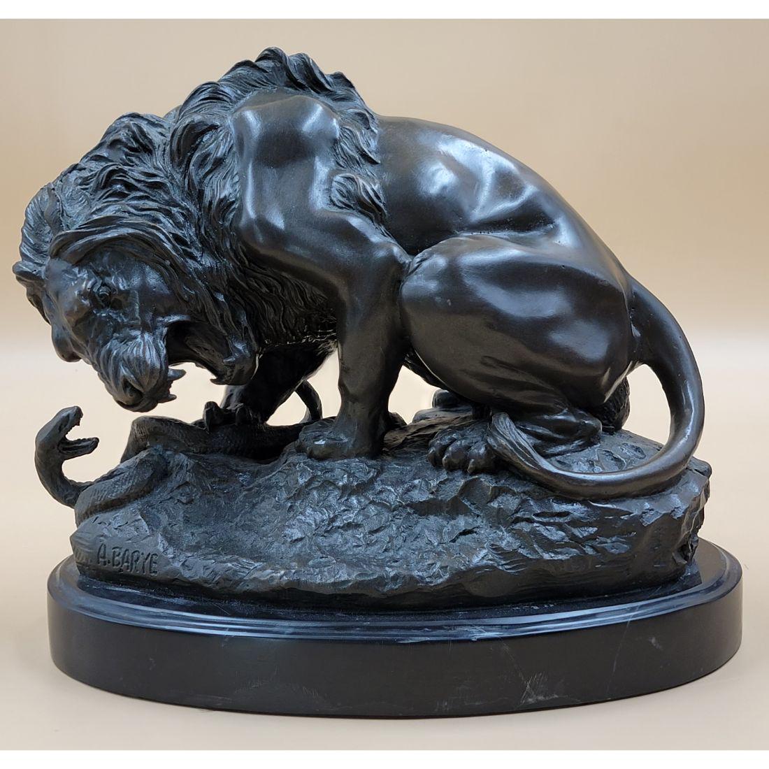 Bronze Sculpture Of A Lion And Snake Signed A . Barye: A Barye Bronze Sculpture AFTER (Antoine-Louis Barye (1796 - 1875). Measure 12" X 10" Please carefully read our terms of sale, shipping information, and request any condition reports or photos prior to