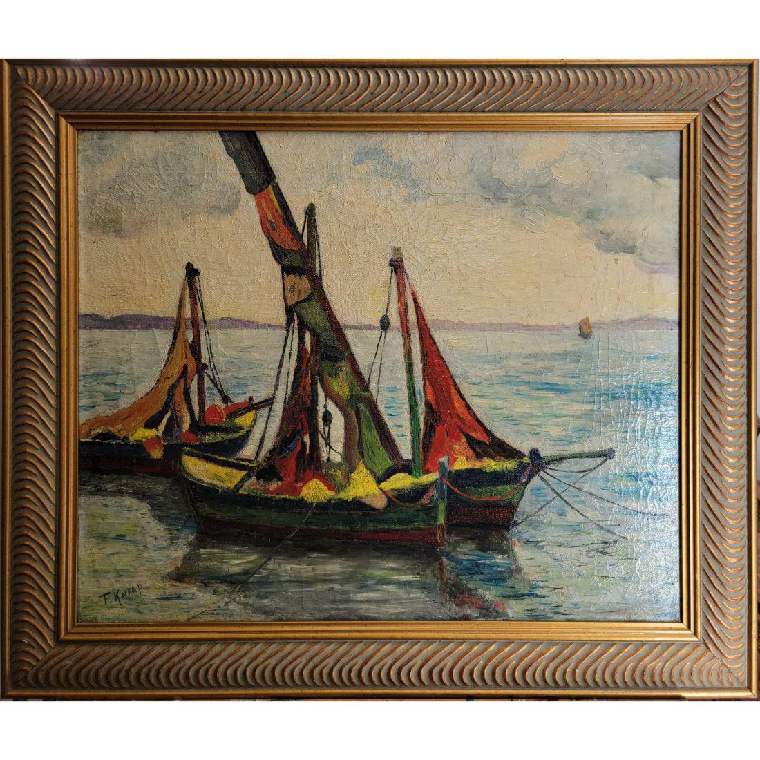Impressionist Painting Signed T. Knaap Coastal Seascape View BOATS (1 of 12)