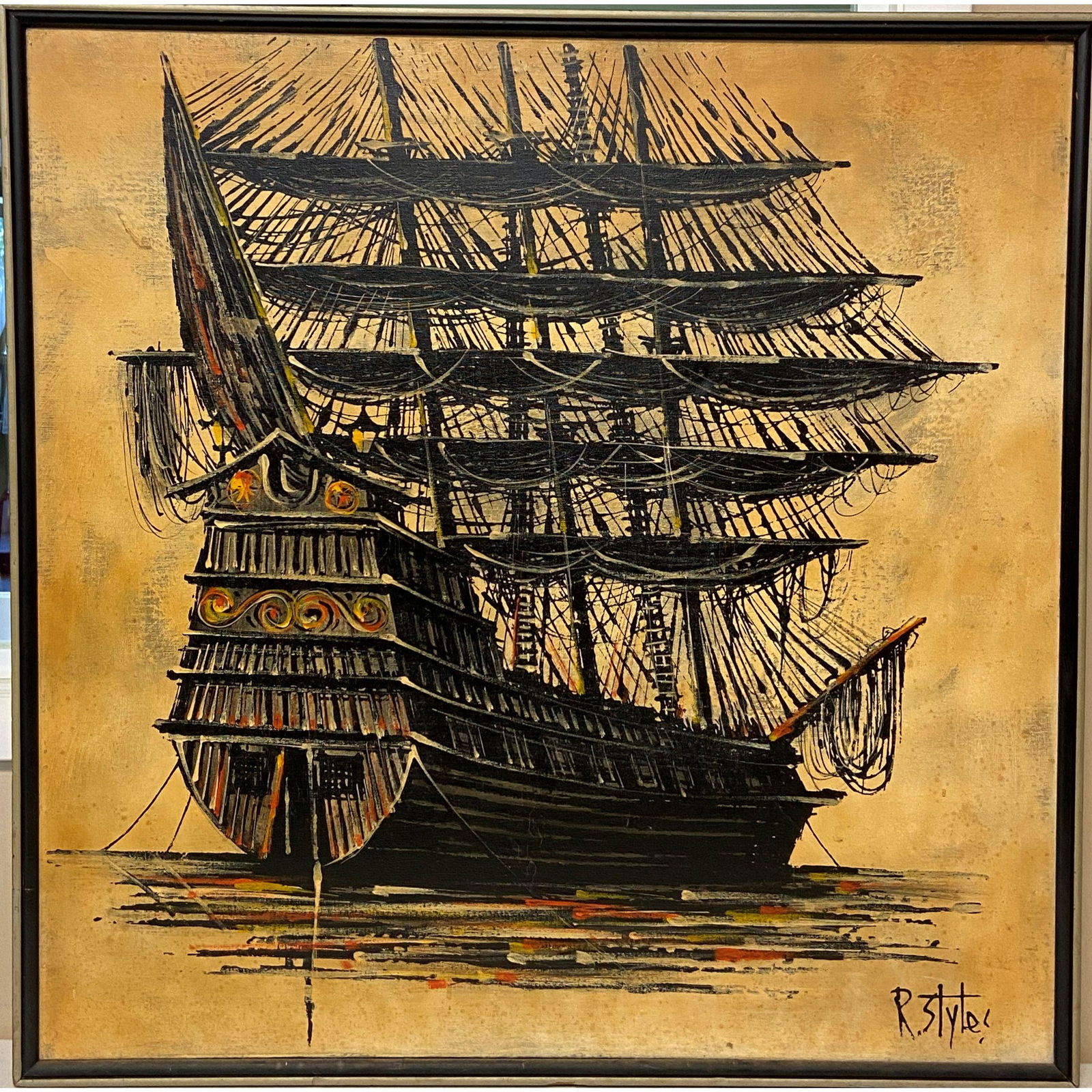 Mid Century Modern Painting of Ship, R. Styles (1 of 14)