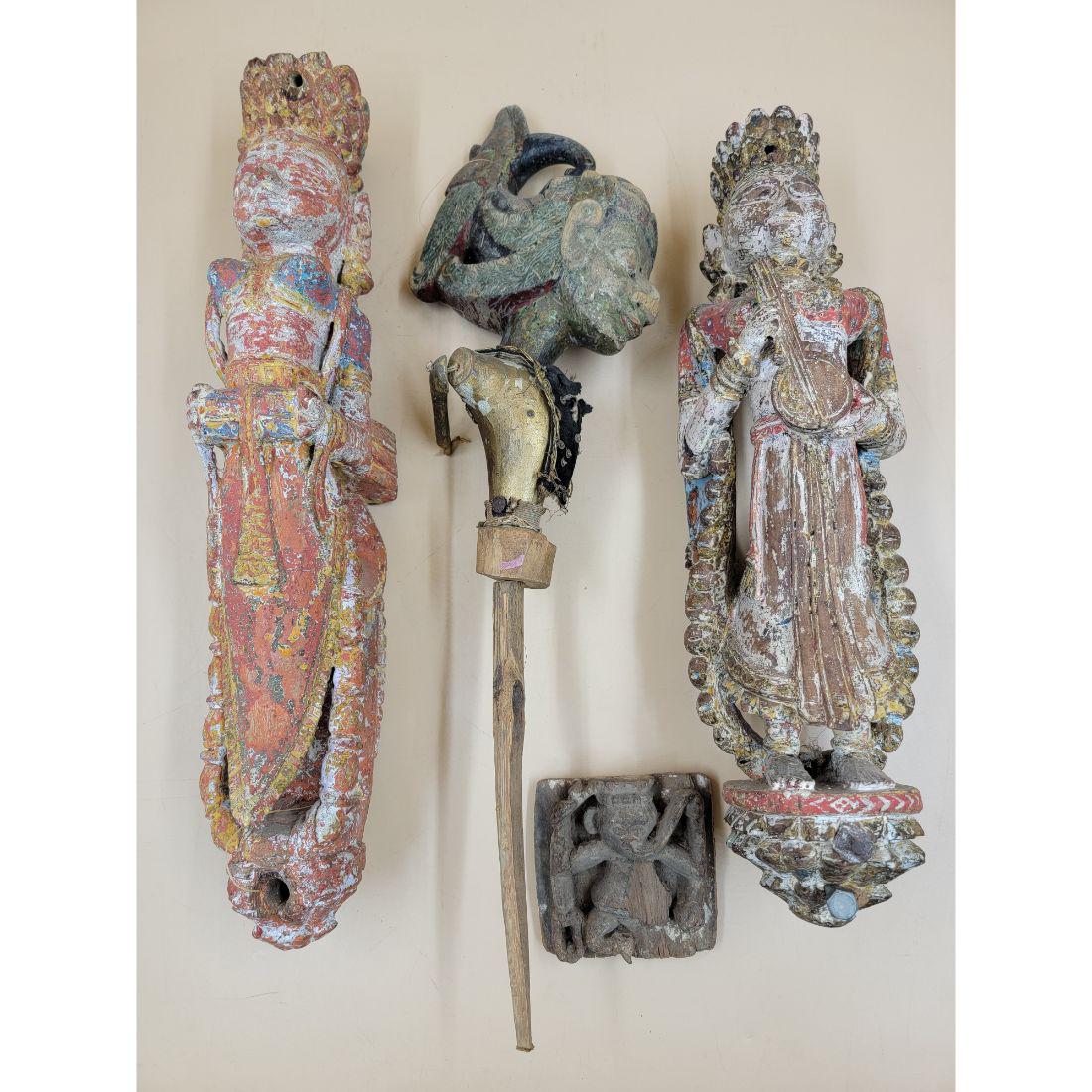Four Antique Asian Woodcarvings; 3 Indian, 1 an Indonesian Puppet. (1 of 20)