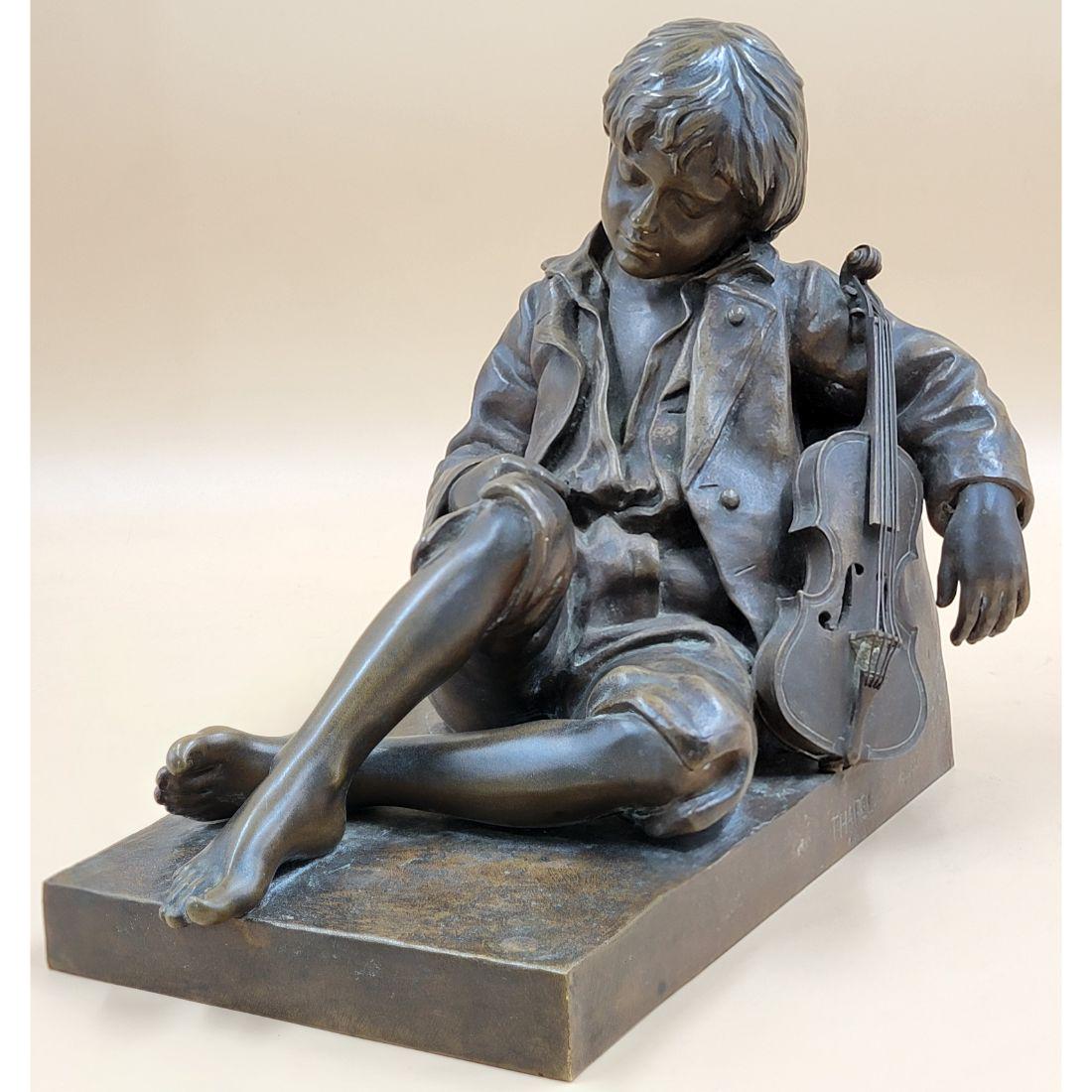 ORIGINAL SIGNED FRENCH Leon Tharel 1858-1902 Bronze Sculpture BOY W/ VIOLIN (1 of 20)