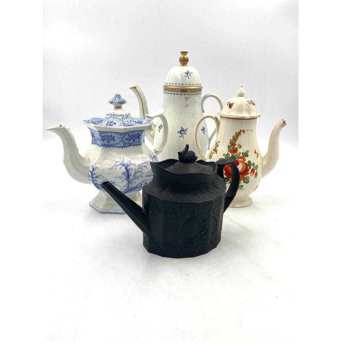 Lot Of 4 Antique Tea Pots: Lot Of 4 Antique Tea Pots. Measurements are 13", 10 1/4", 9", and 6 1/2" tall, Some have minor damage please see picture's. Comes From The Estate Of The Late Robert Rubensmein Central Fl. Please caref