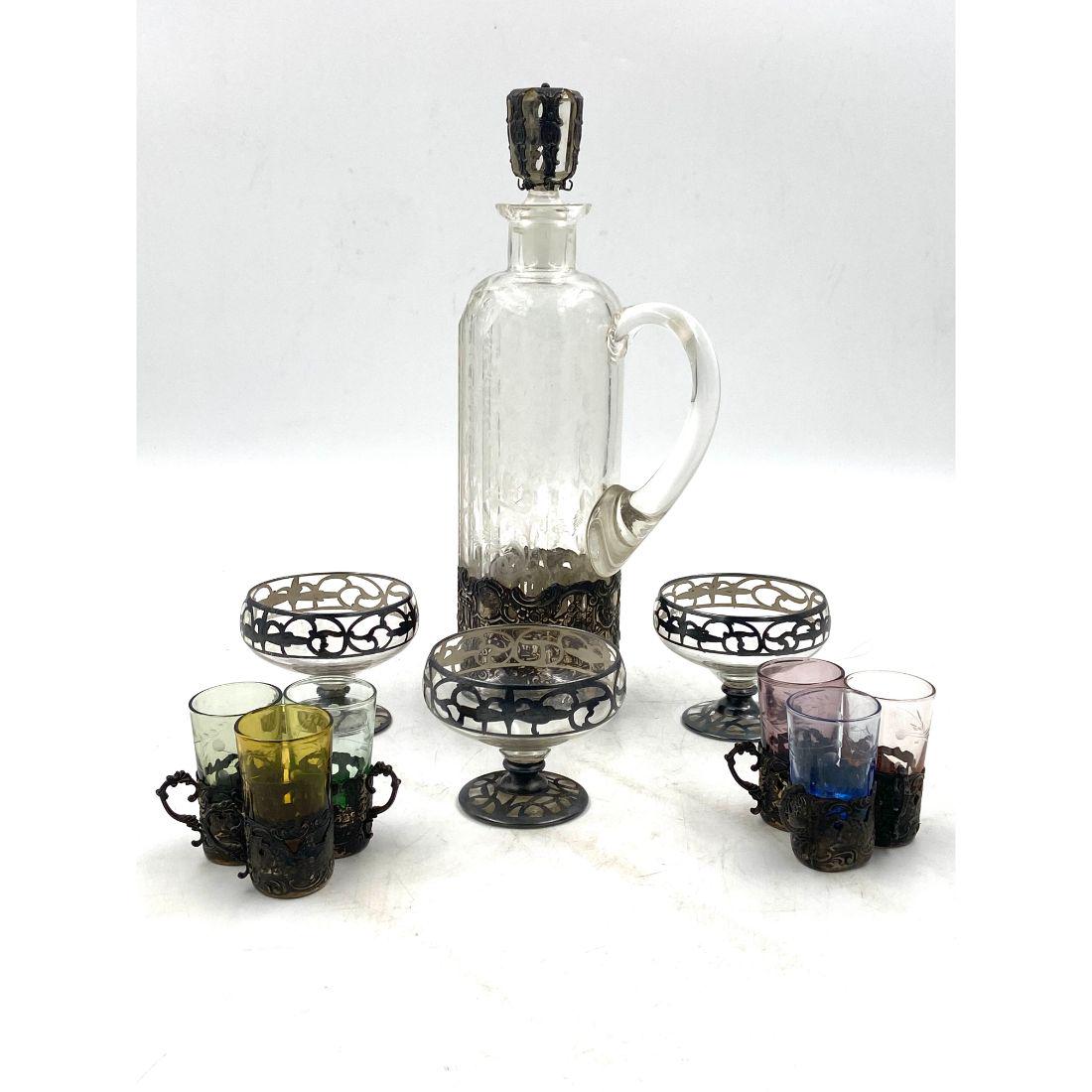 (10) Grouping Of Antique Decanter And Shot Glasses With Sterling Silver: (10) Grouping Of Antique Decanter And Shot Glasses With Sterling Silver, Various Sizes. Comes From A Central Florida Estate. Please carefully read our terms of sale, shipping information, and request 