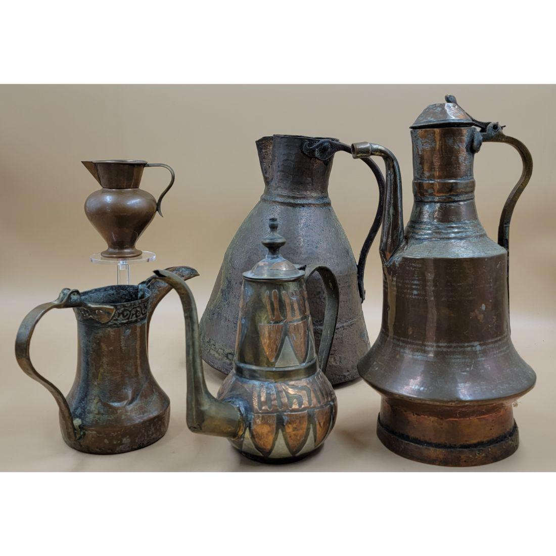 Grouping Of Antique Persian Copper Pitcher Dallah Signed 19th C (1 of 18)